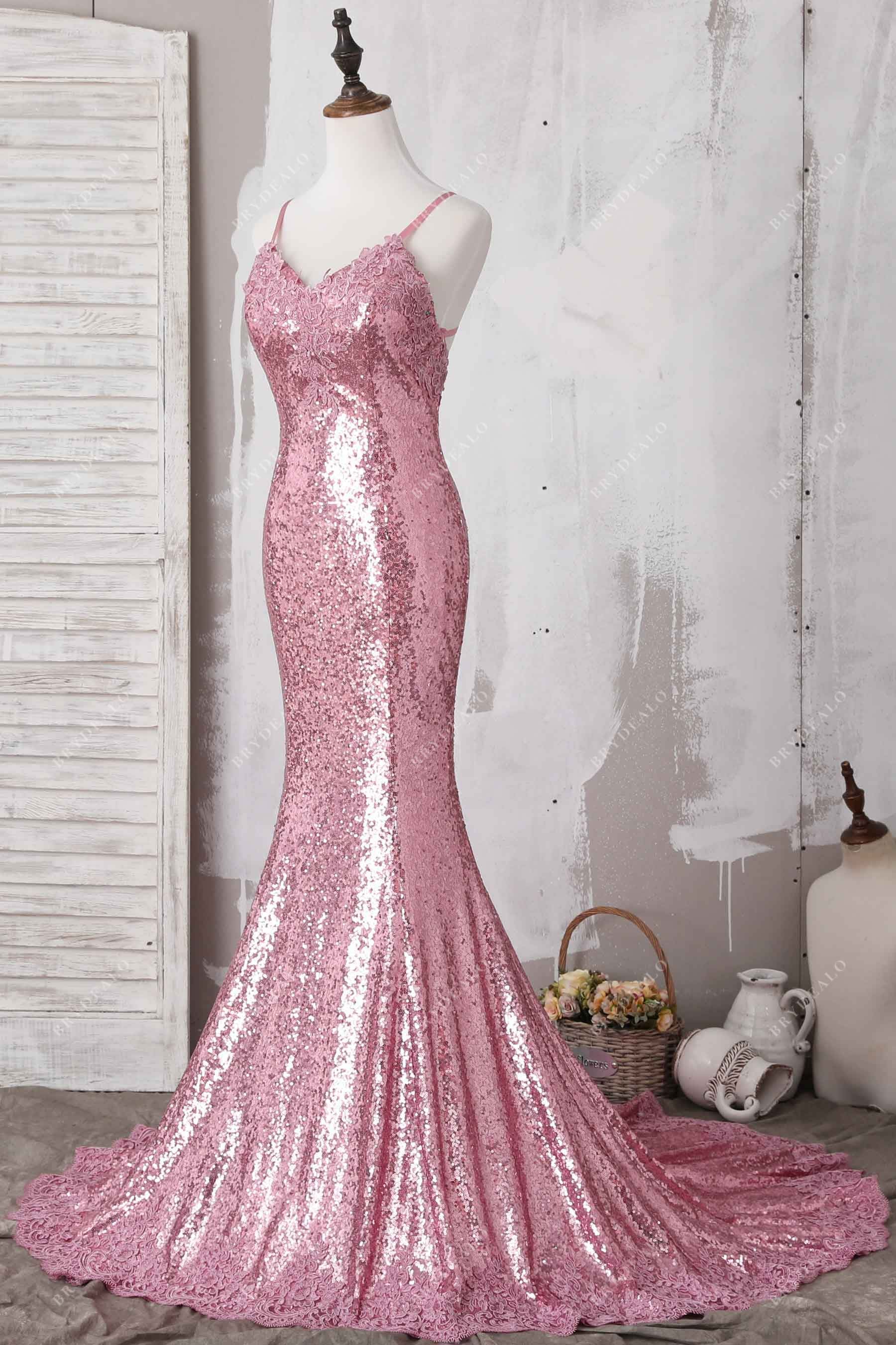 pink lace sequin mermaid prom gown