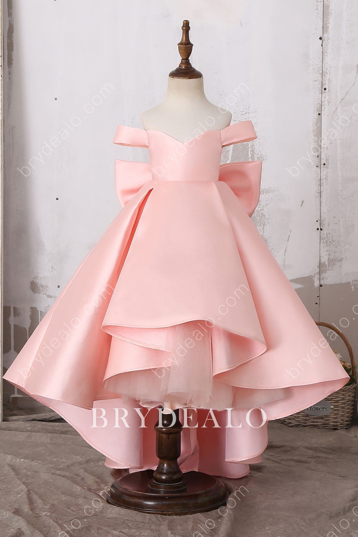 Pink Off-shoulder Bow High Low Flower Girl Dress