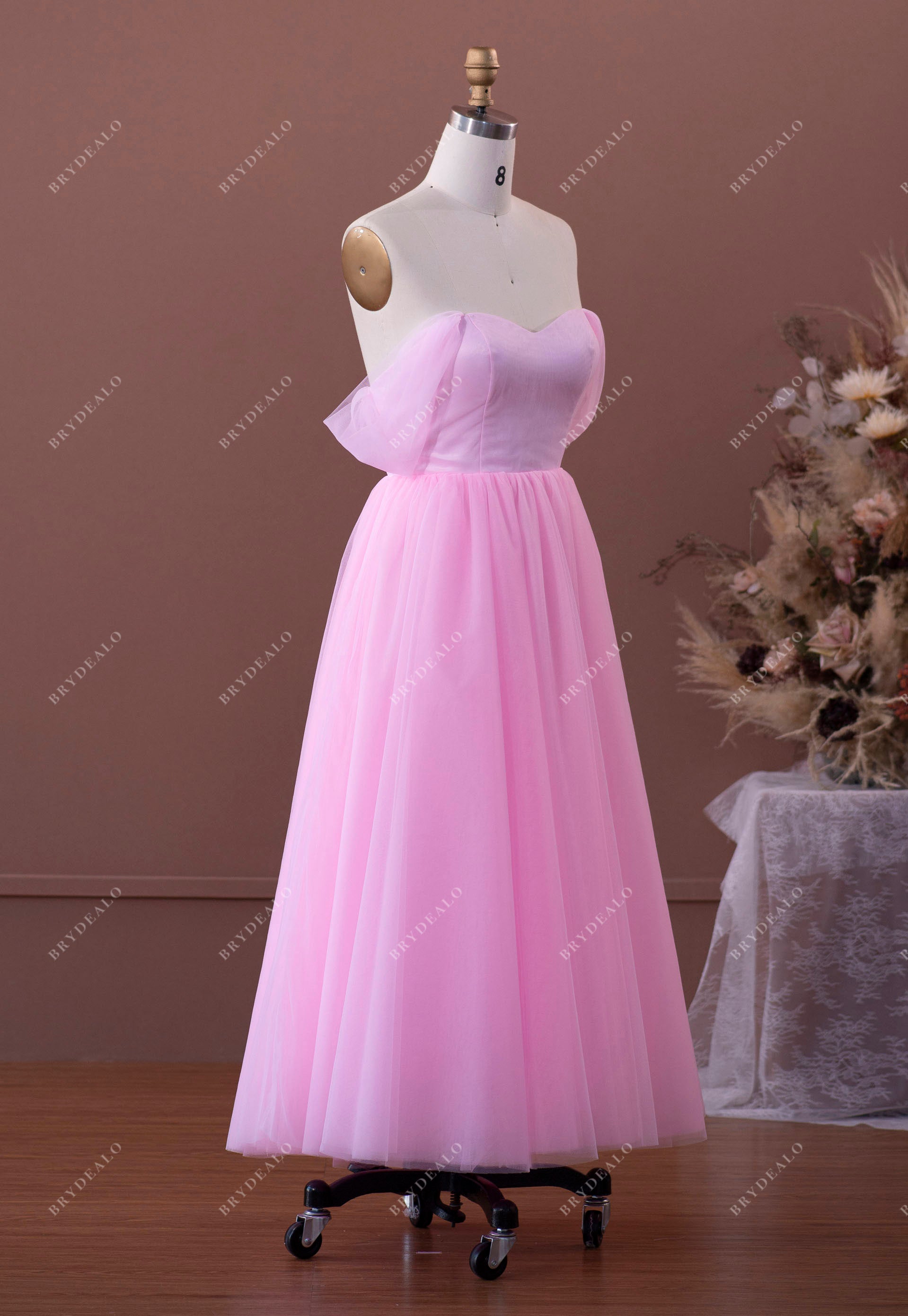 pink off-shoulder tulle A-line prom gown