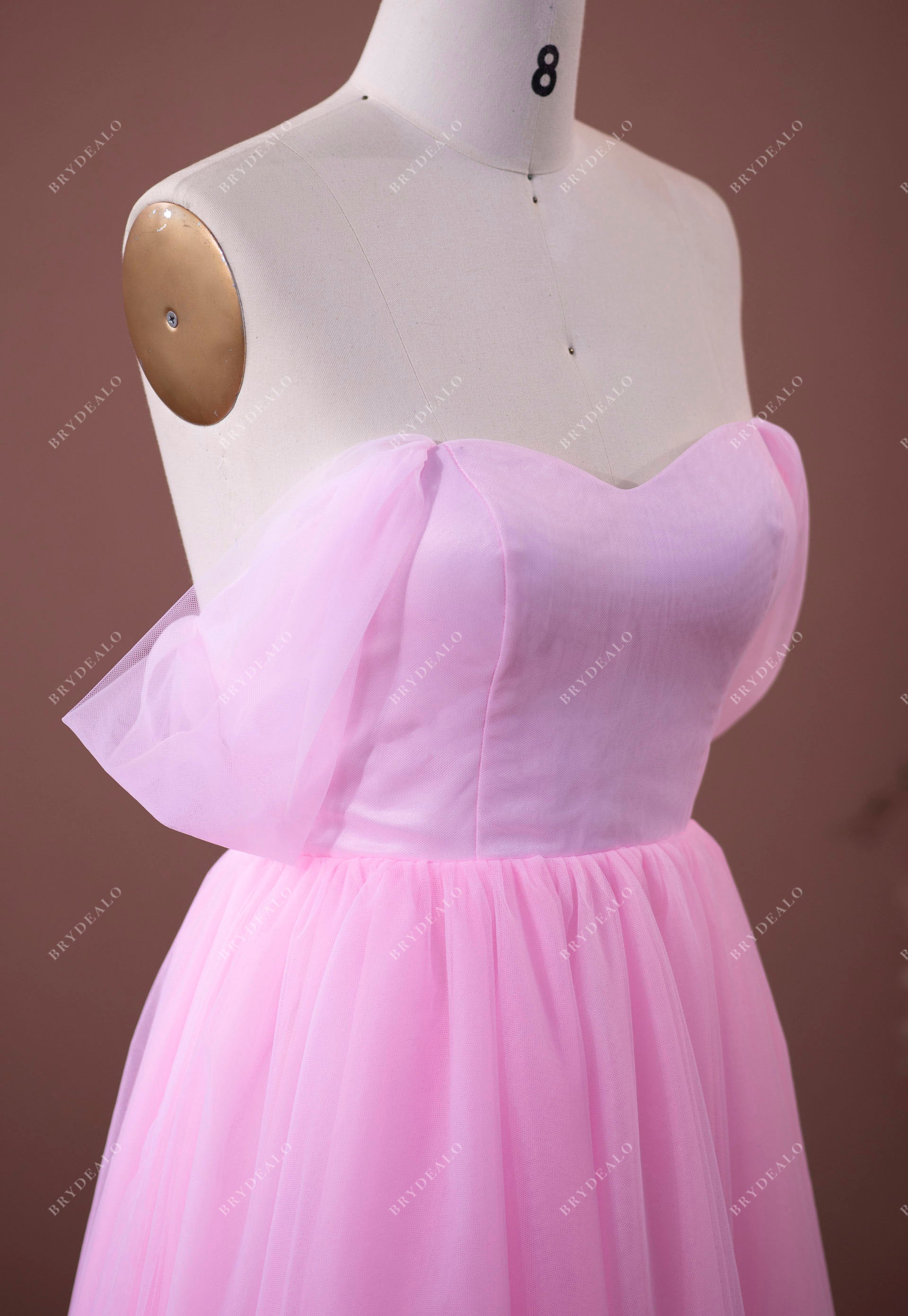 pink off-shoulder tulle tea length formal gown