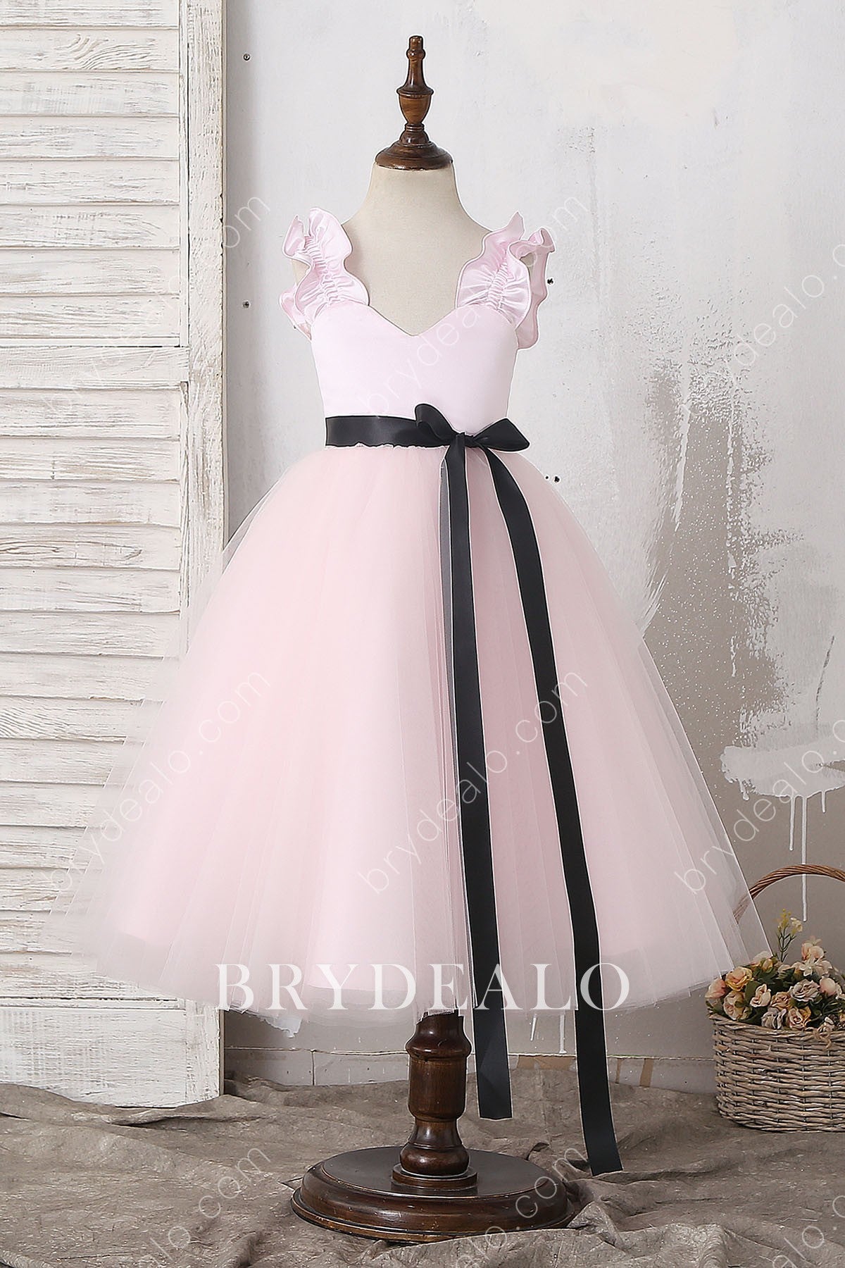 Pink Ruffled Straps Ankle Length Flower Girl Dress
