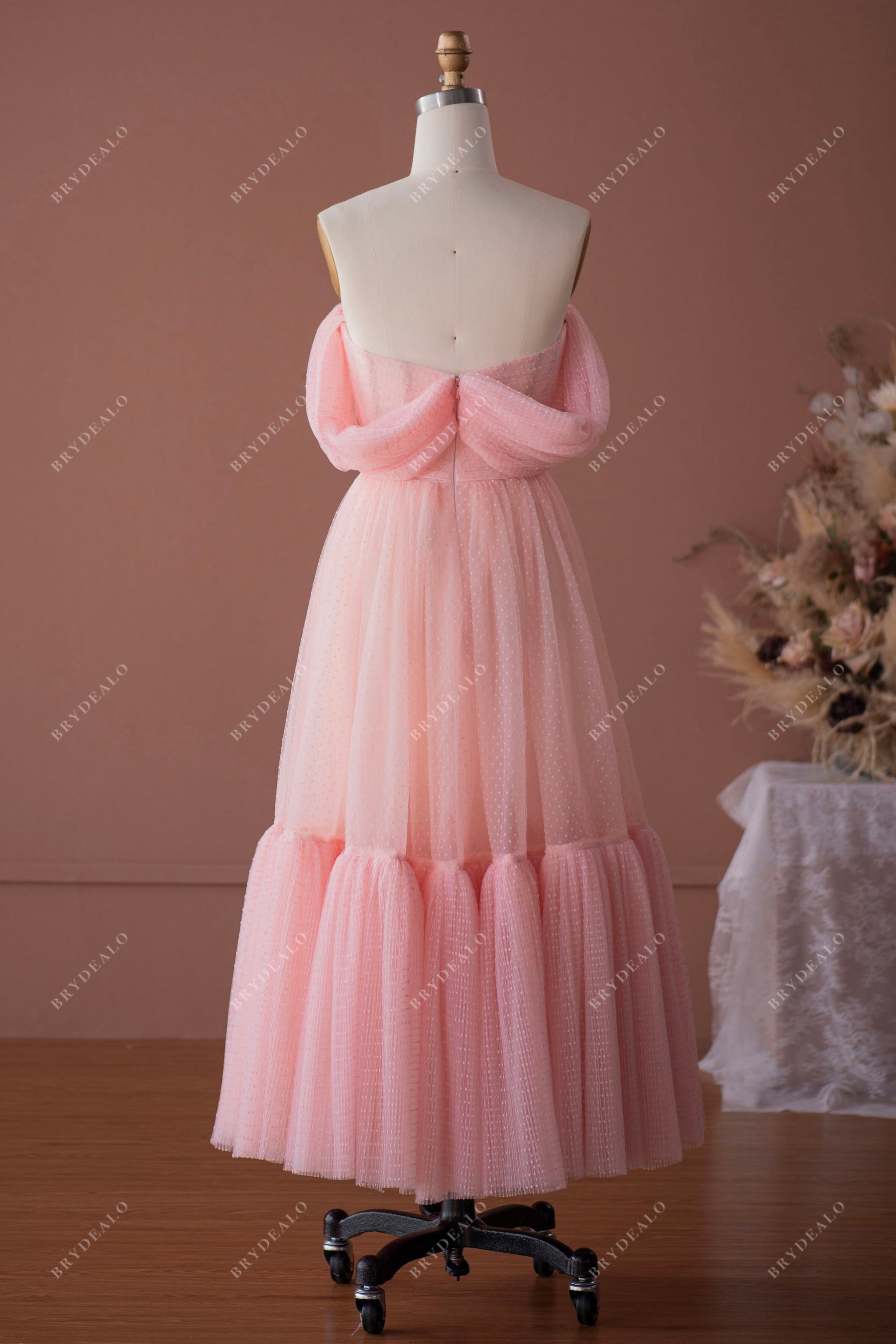 Pink Tulle Off-shoulder Tea Length Formal Dress for wholesale