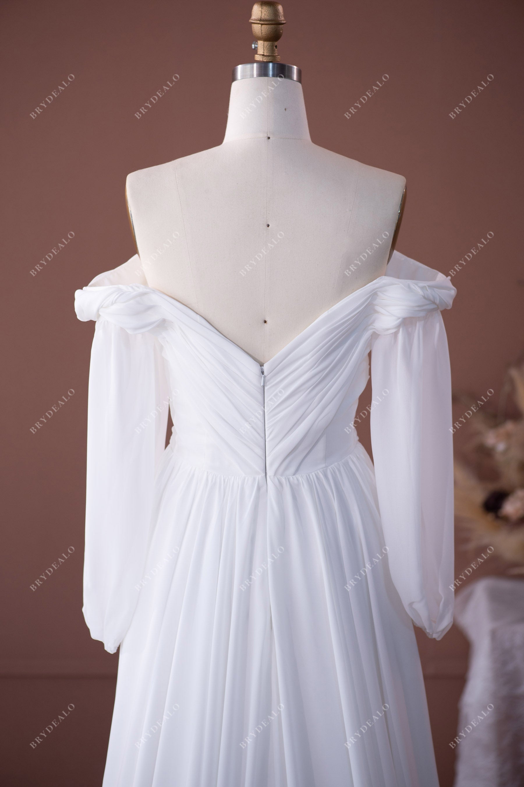 pleated V-back chiffon bridal gown