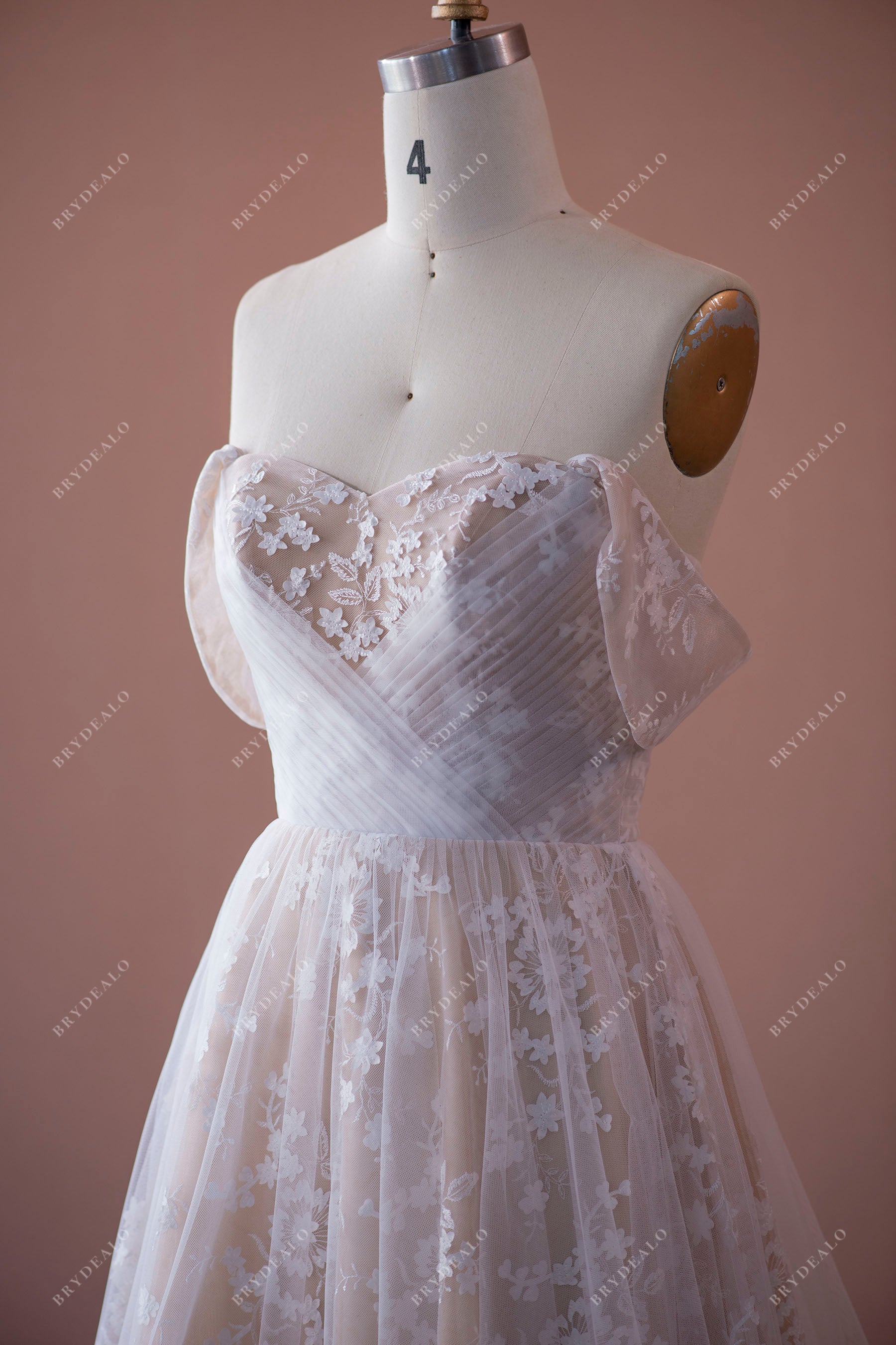 pleated crisscross off-shoulder sweetheart wedding dress