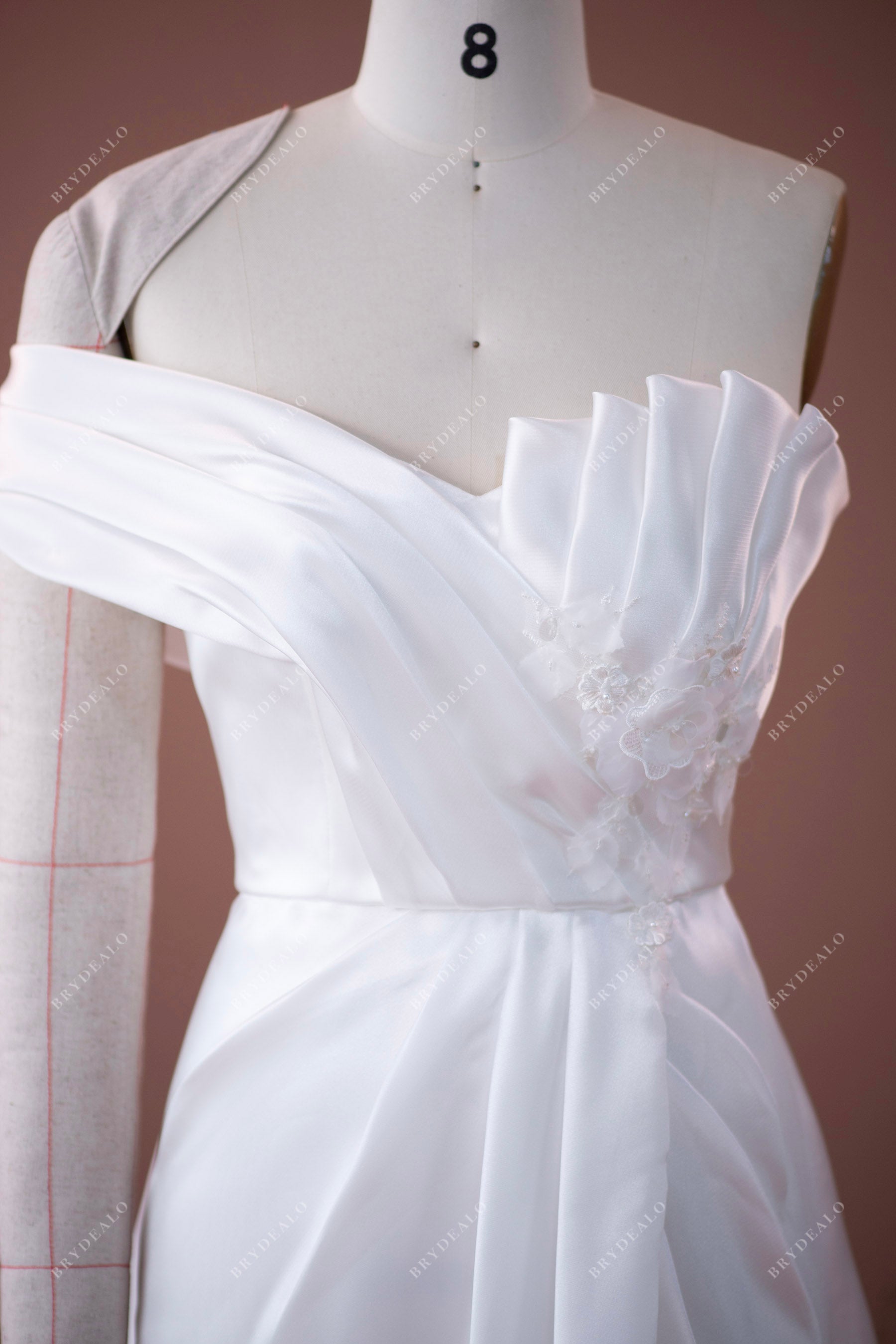 pleated neck one sleeve organza wedding dress