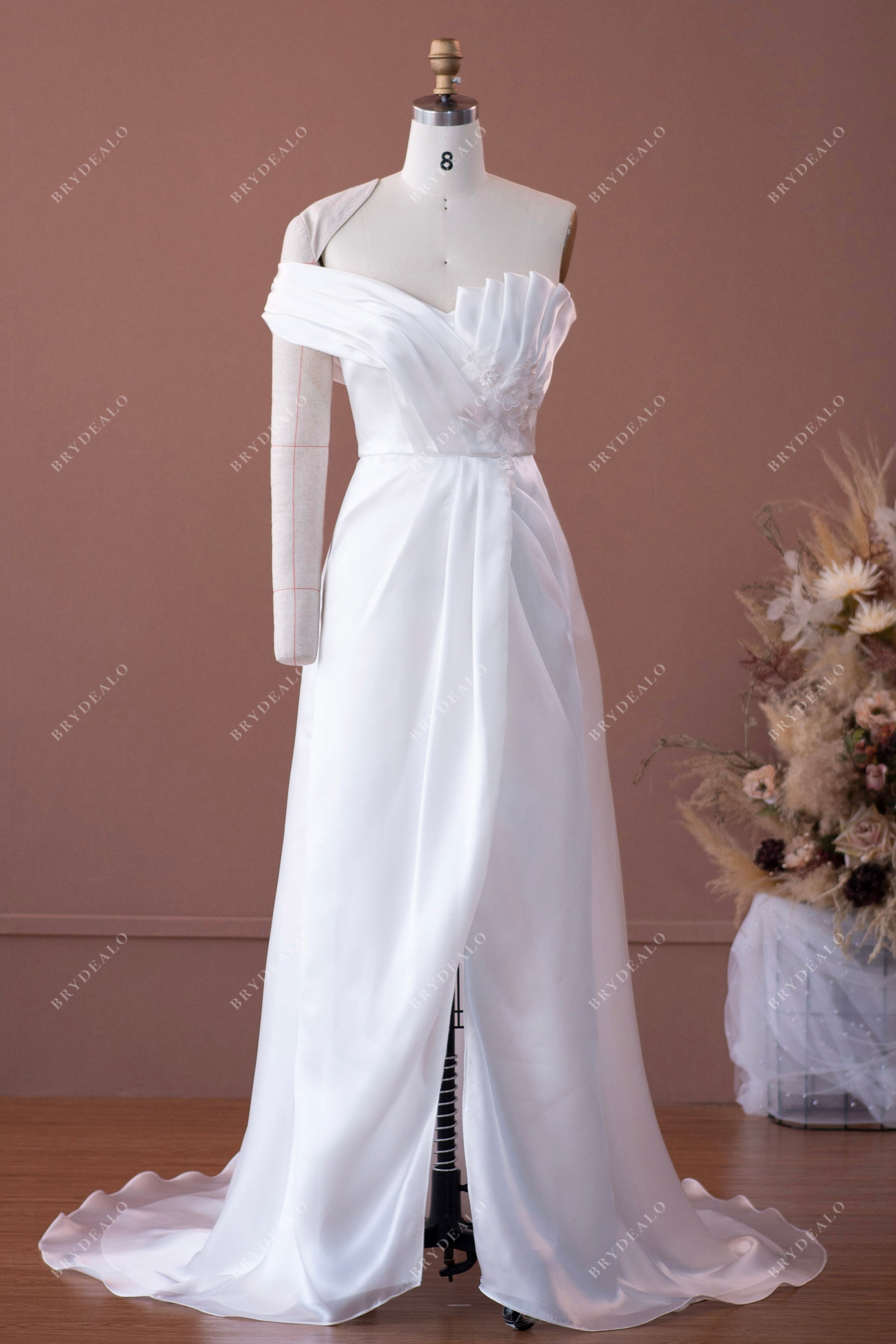 pleated neck one sleeve organza wedding dress sample with slit