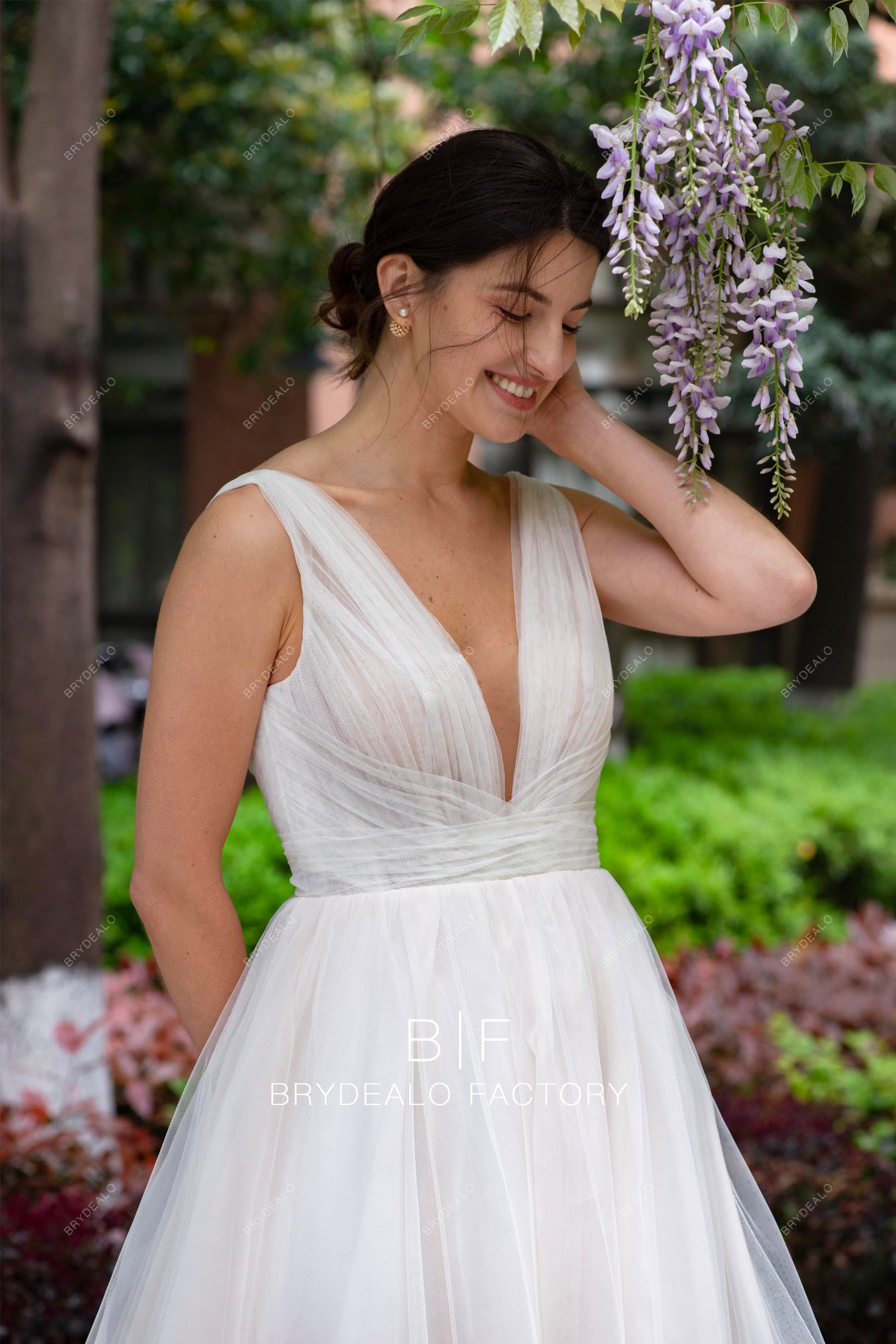 pleated straps plunging tulle wedding dress