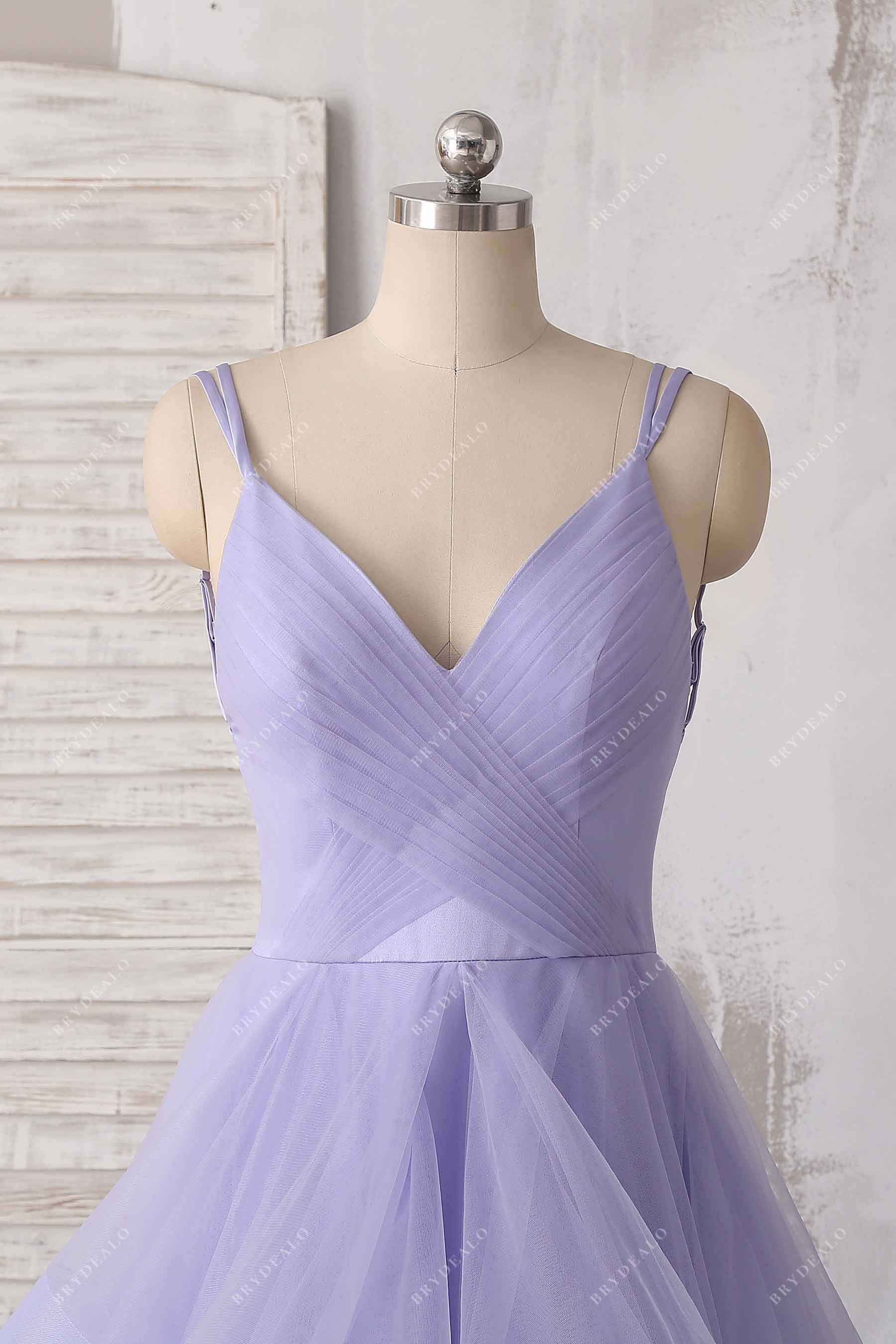 pleated tulle V-neck prom dress