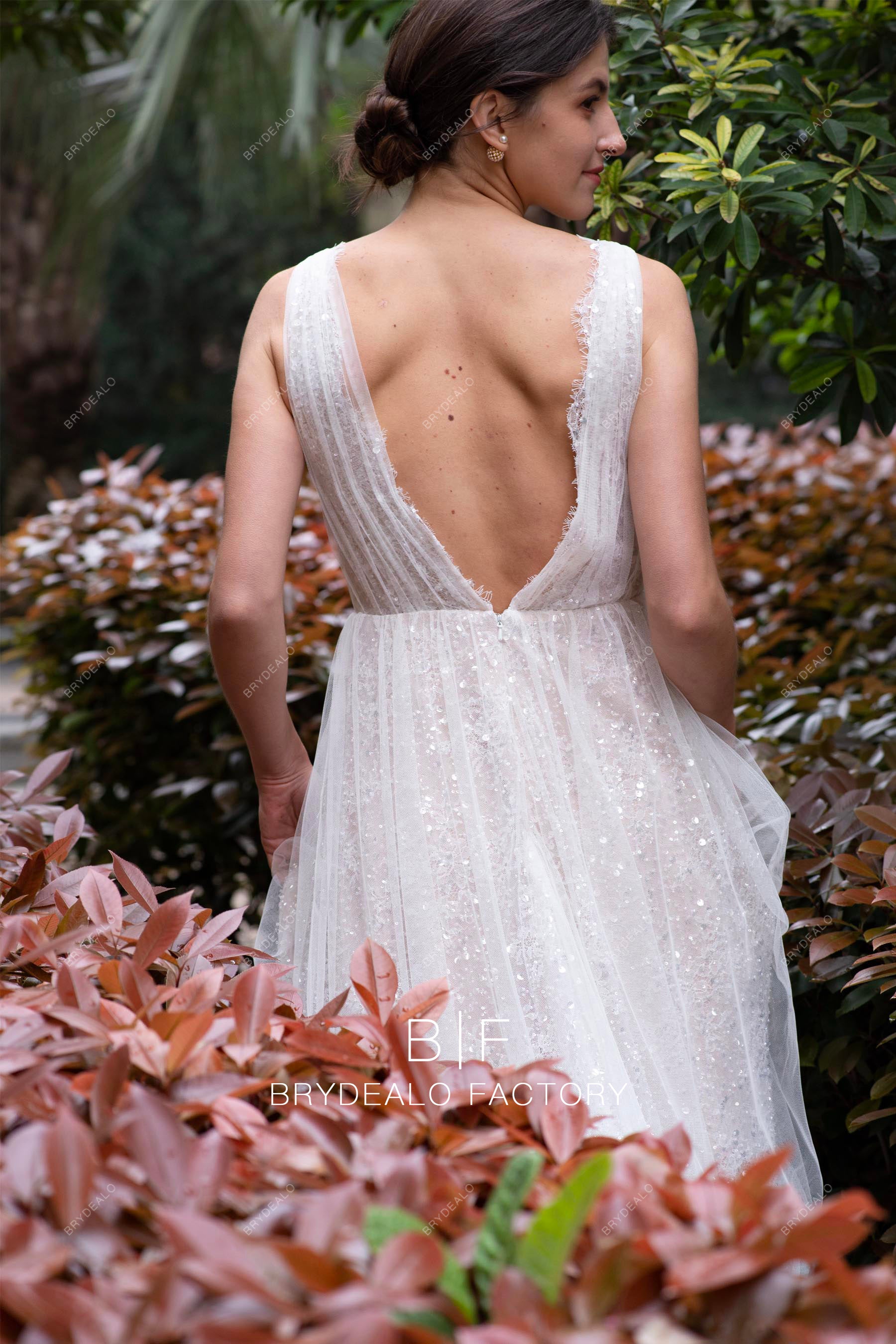 pleated tulle open back wedding dress