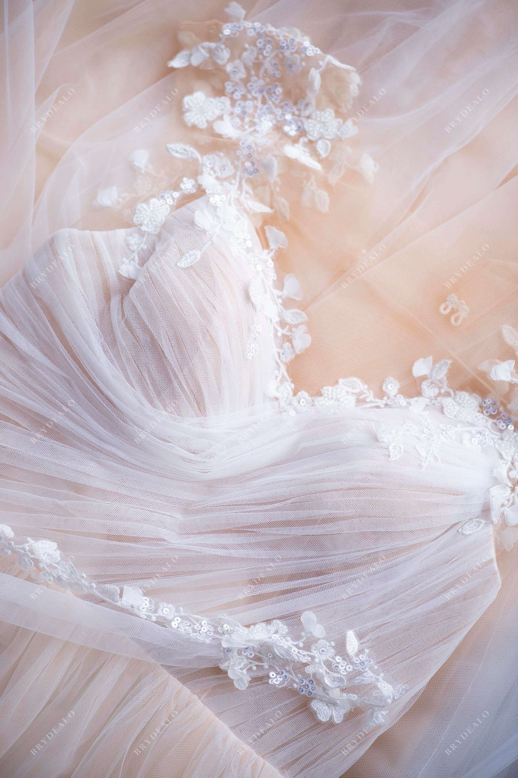 pleated tulle sheer neck wedding dress