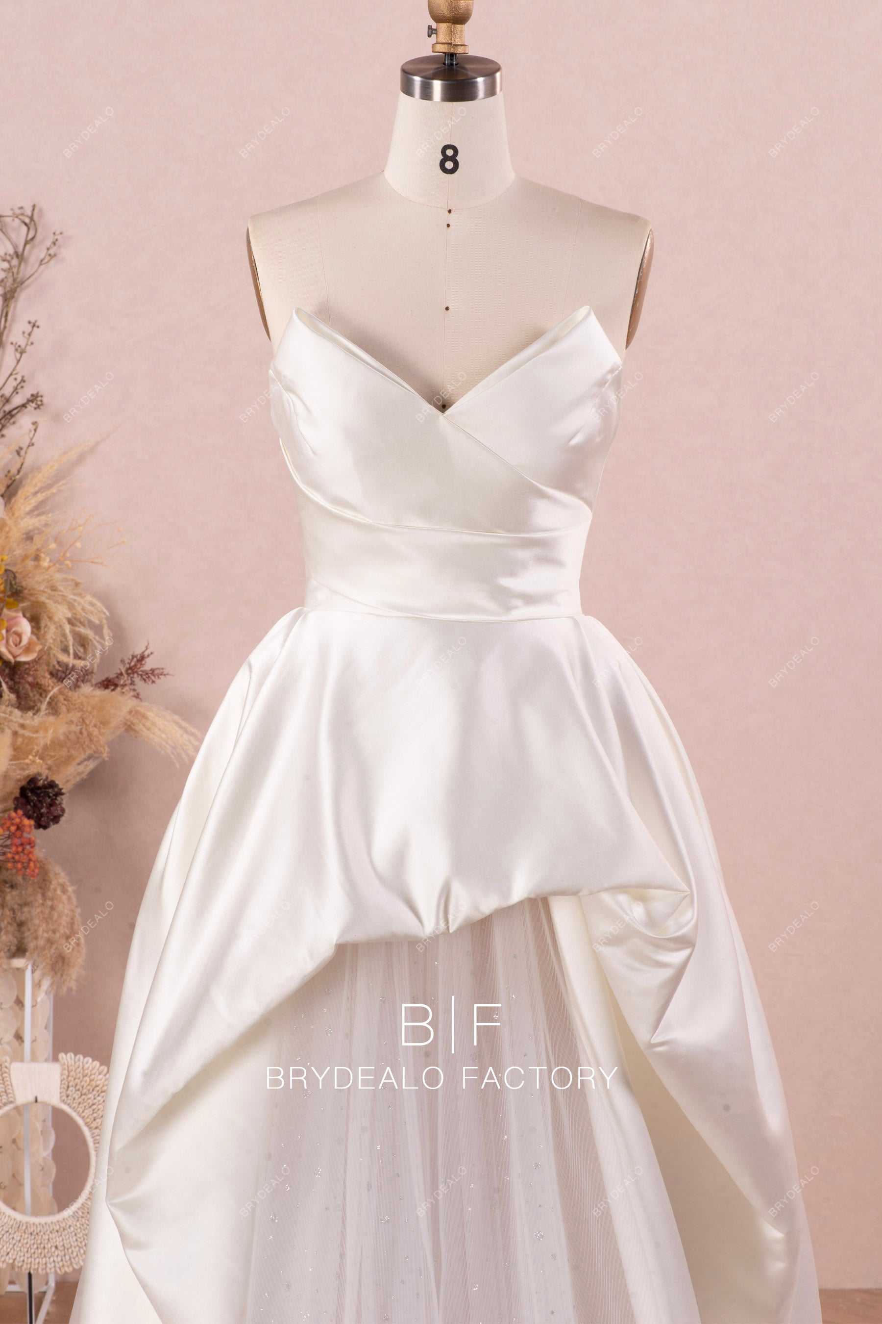 pleated V-neck strapless satin wedding dress