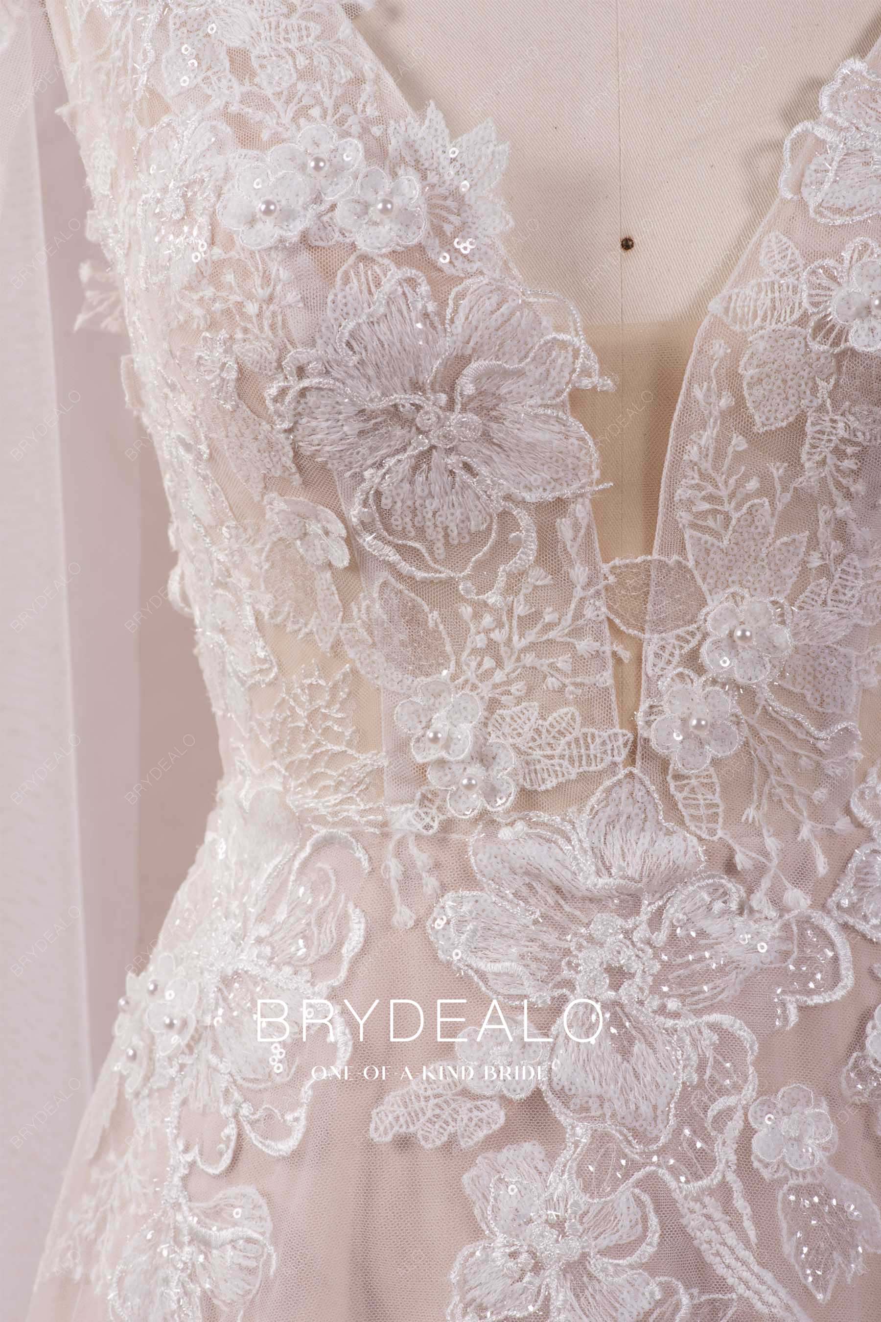 plunging 3D flower lace wedding dress