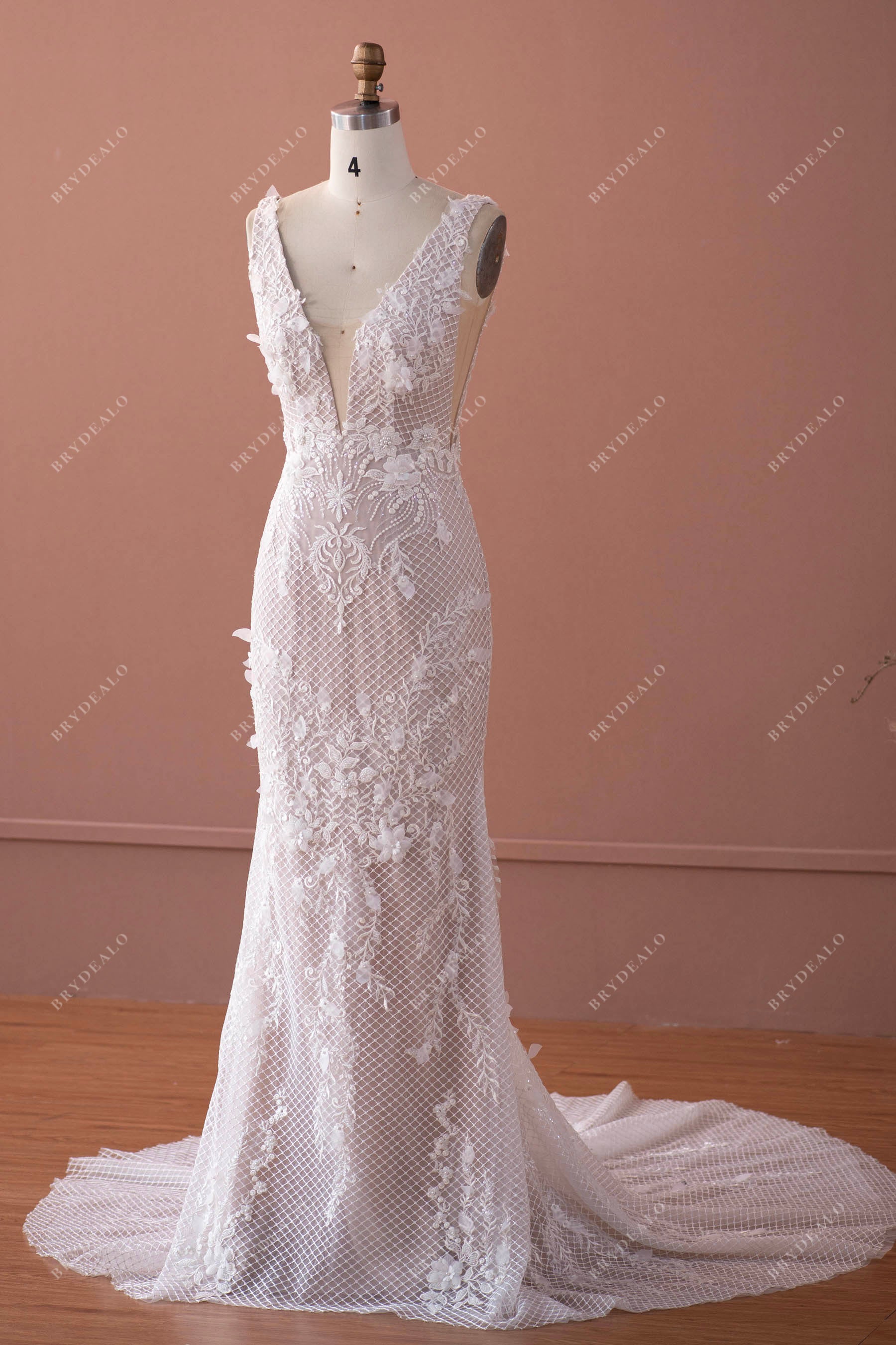 plunging 3D flower wedding dress