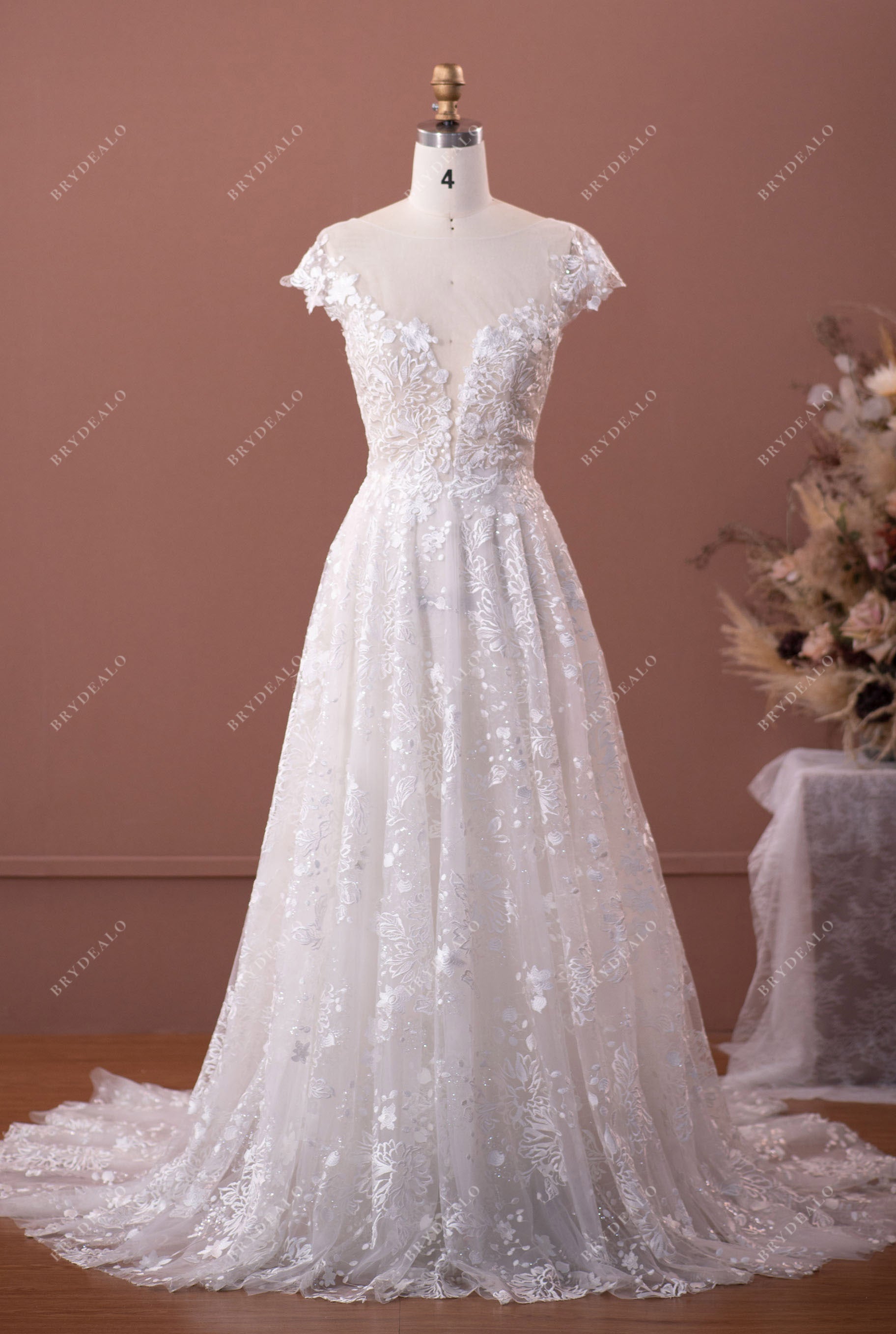 Flower Lace Illusion Neck A-line Boho Bridal Gown Sample Sale