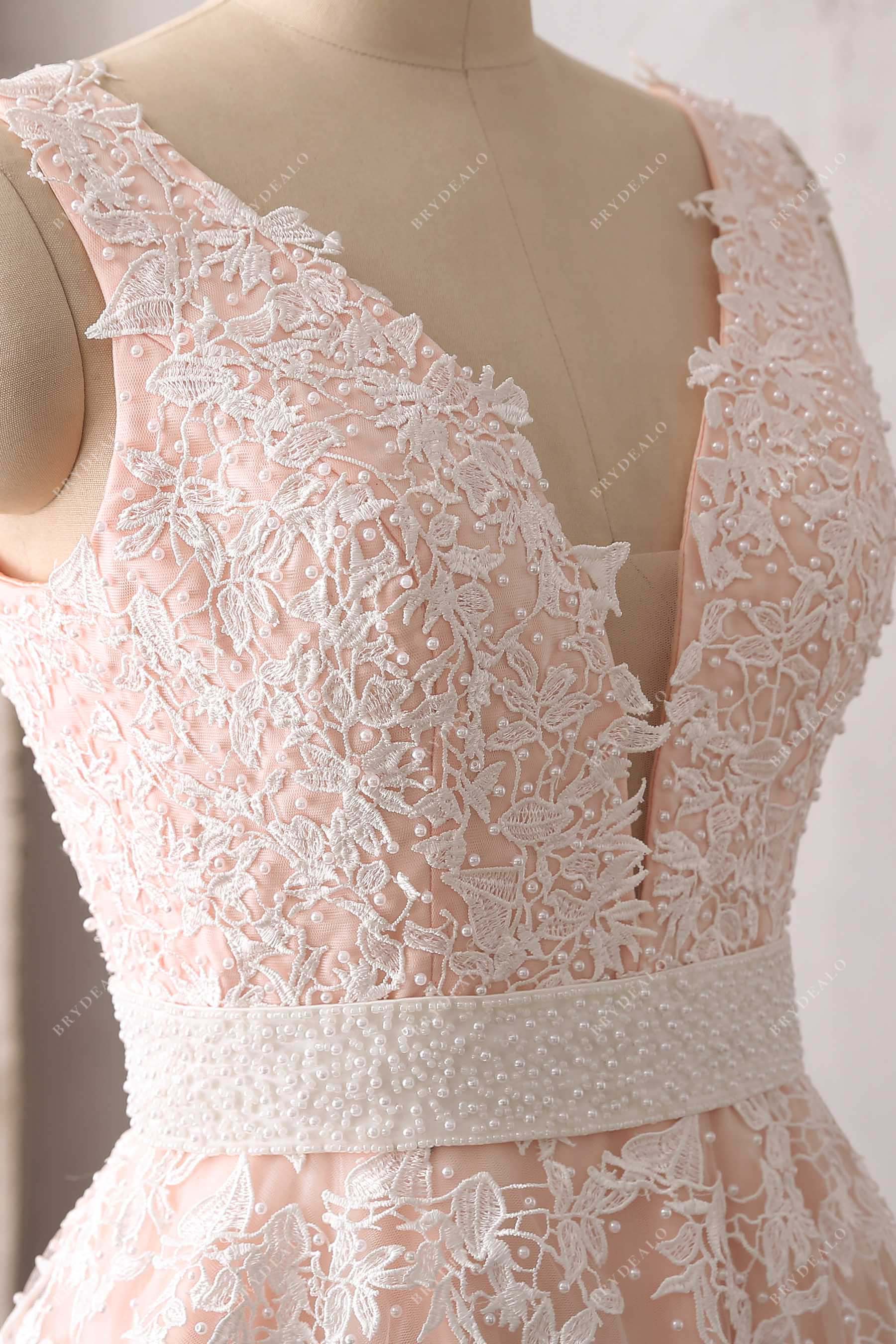plunging V-neck light ivory lace prom gown