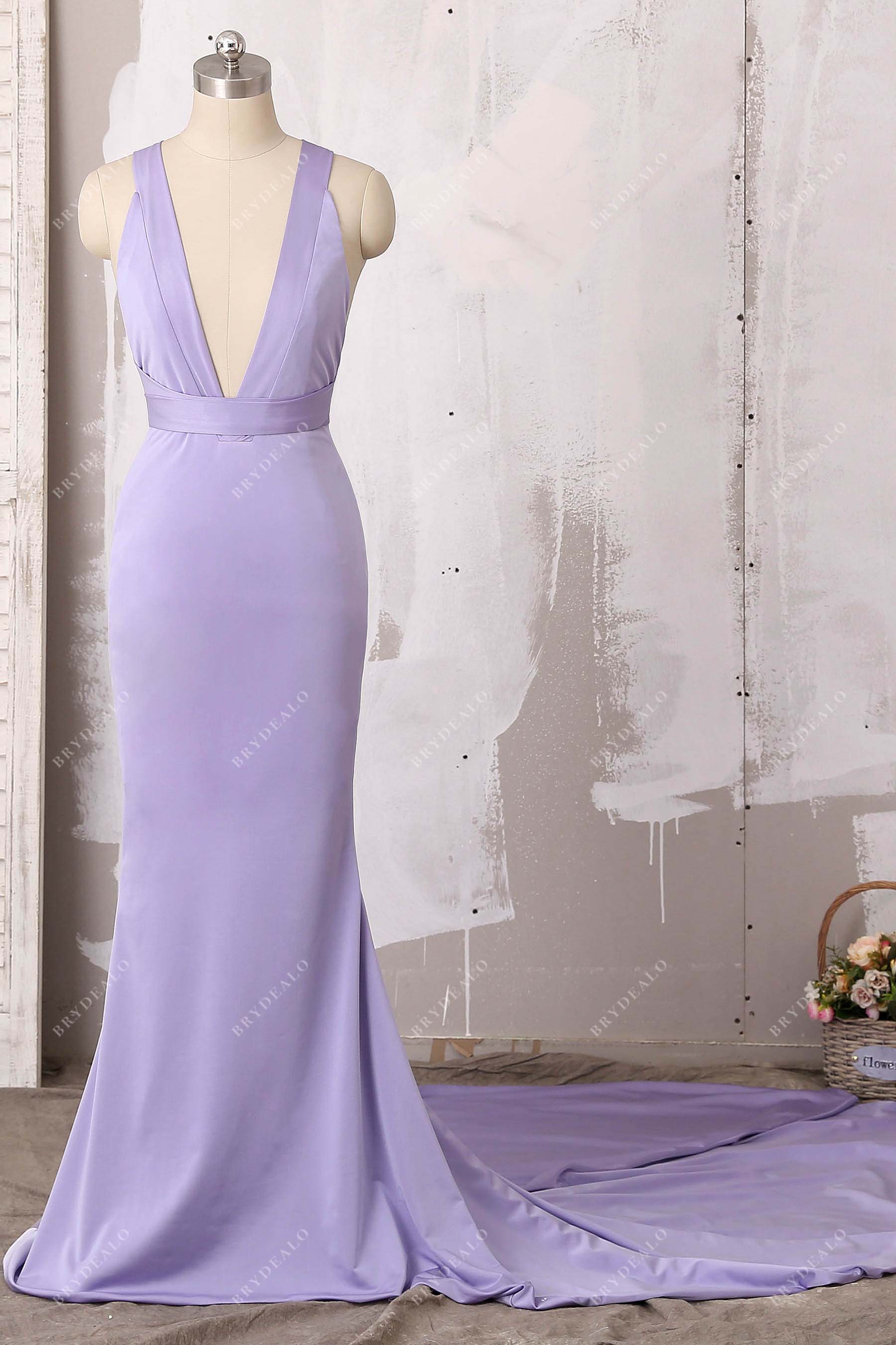 plunging neck mermaid lilac jersey prom dress