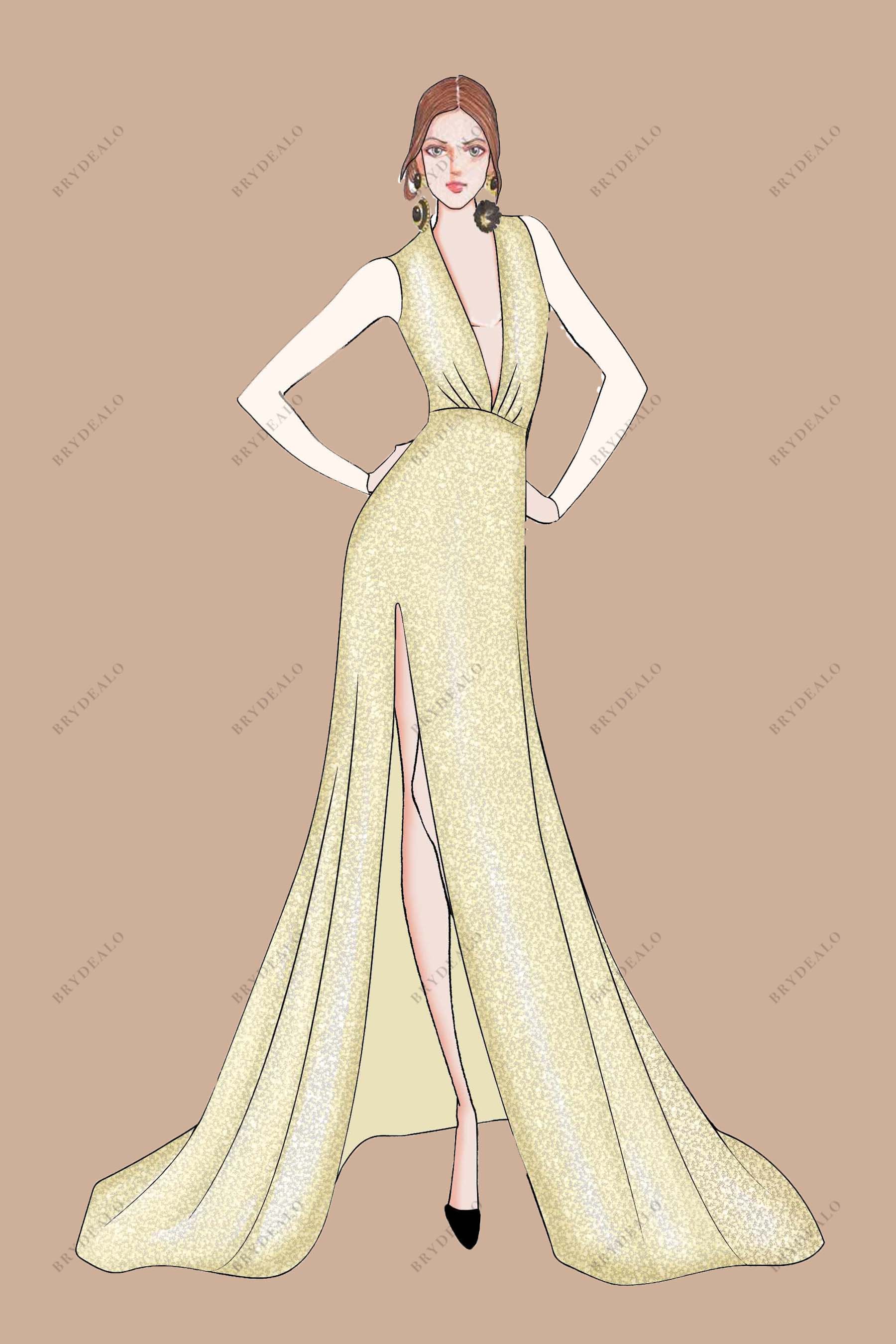 Plunging V-neck Slit Gold Prom Dress Sketch
