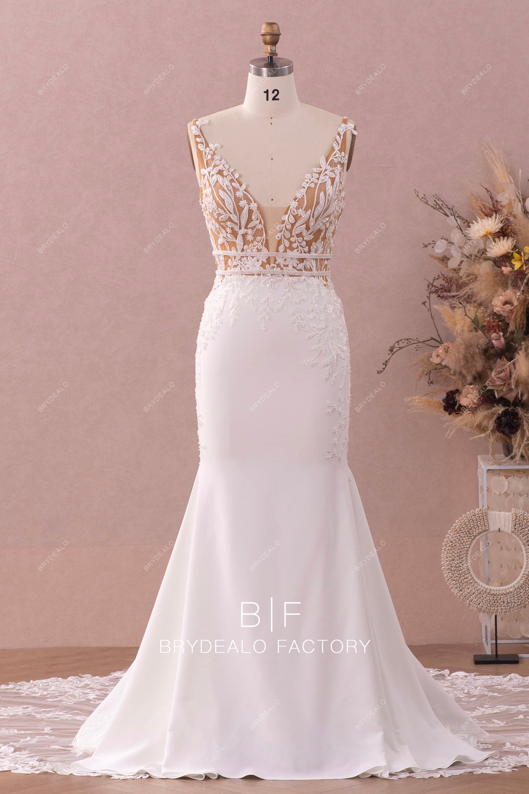 plunging beaded lace belts wedding dress