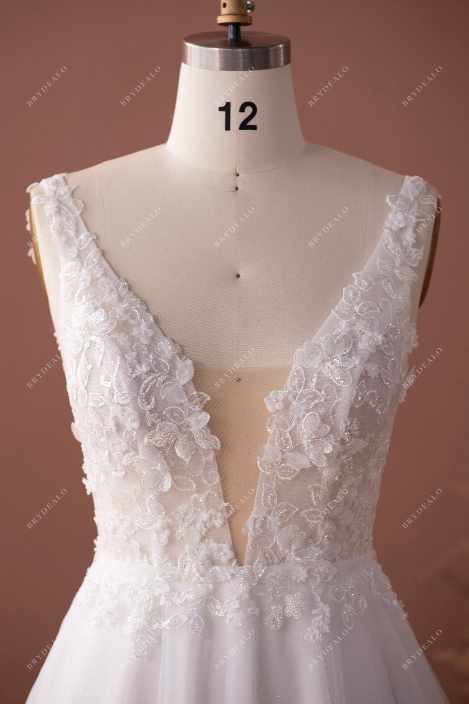 plunging flower lace wedding dress