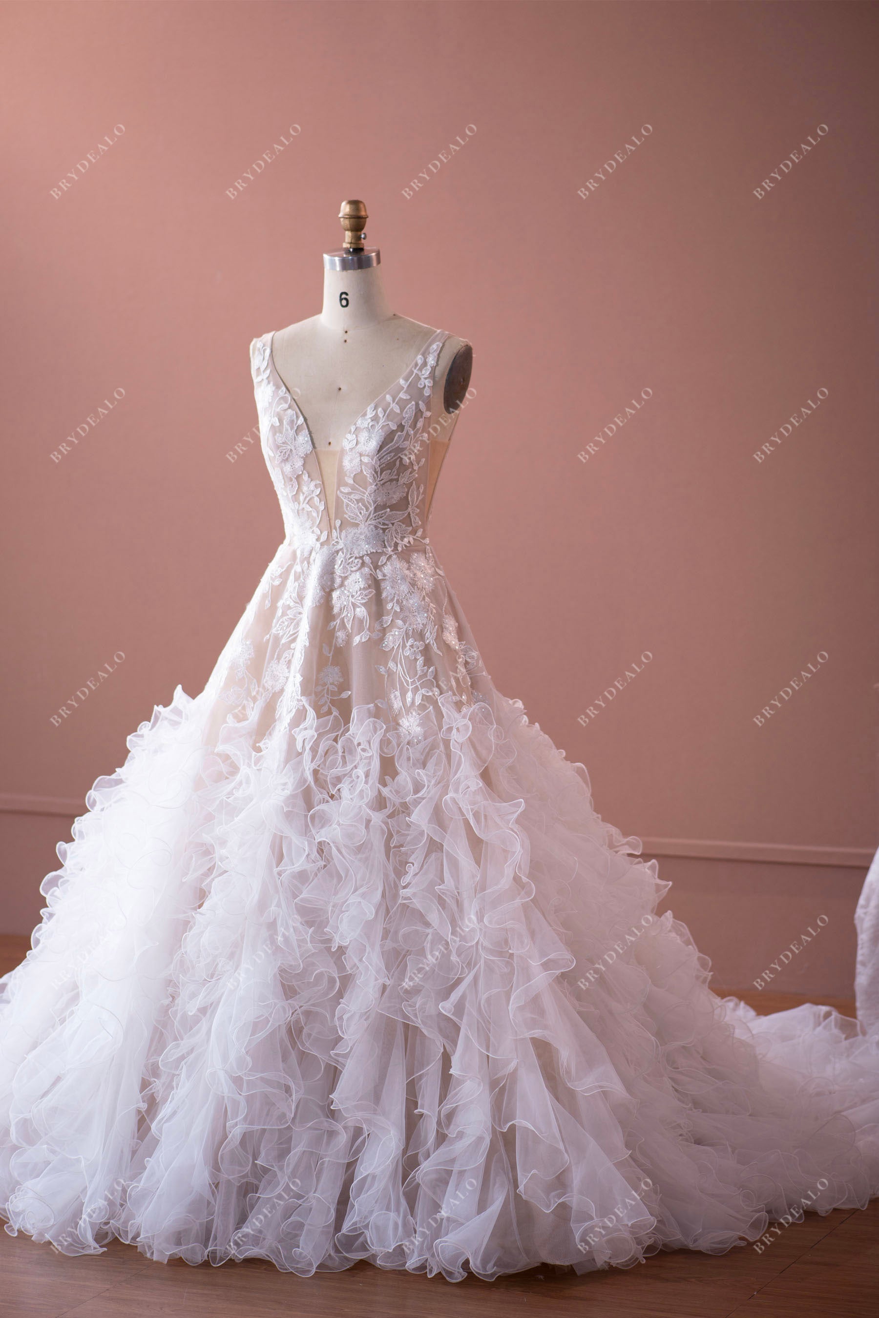 plunging lace ruffled puffy A-line wedding dress for wholesale