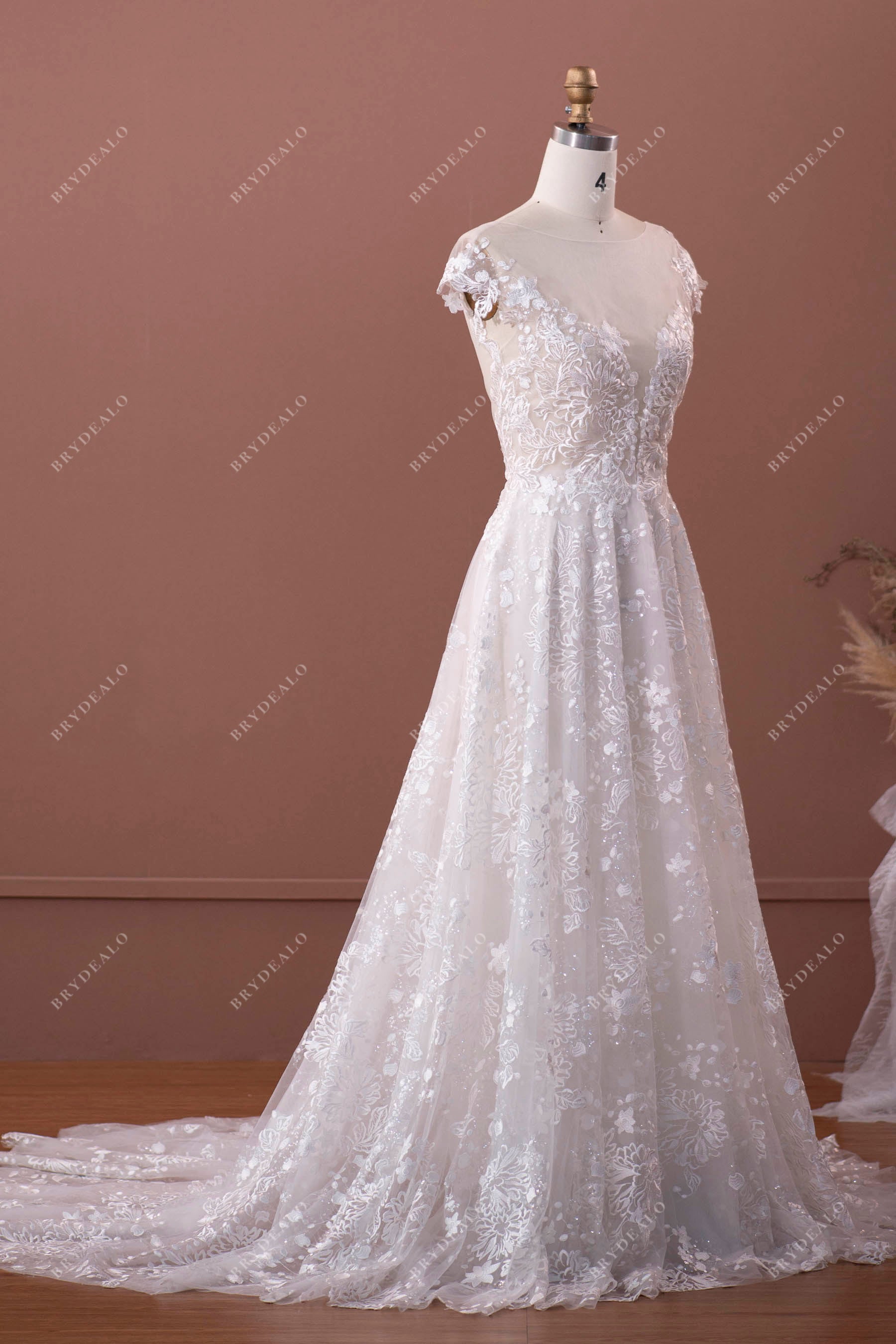 Cap Sleeve Lace Illusion Neck A-line Long Boho Bridal Dress Sample Online