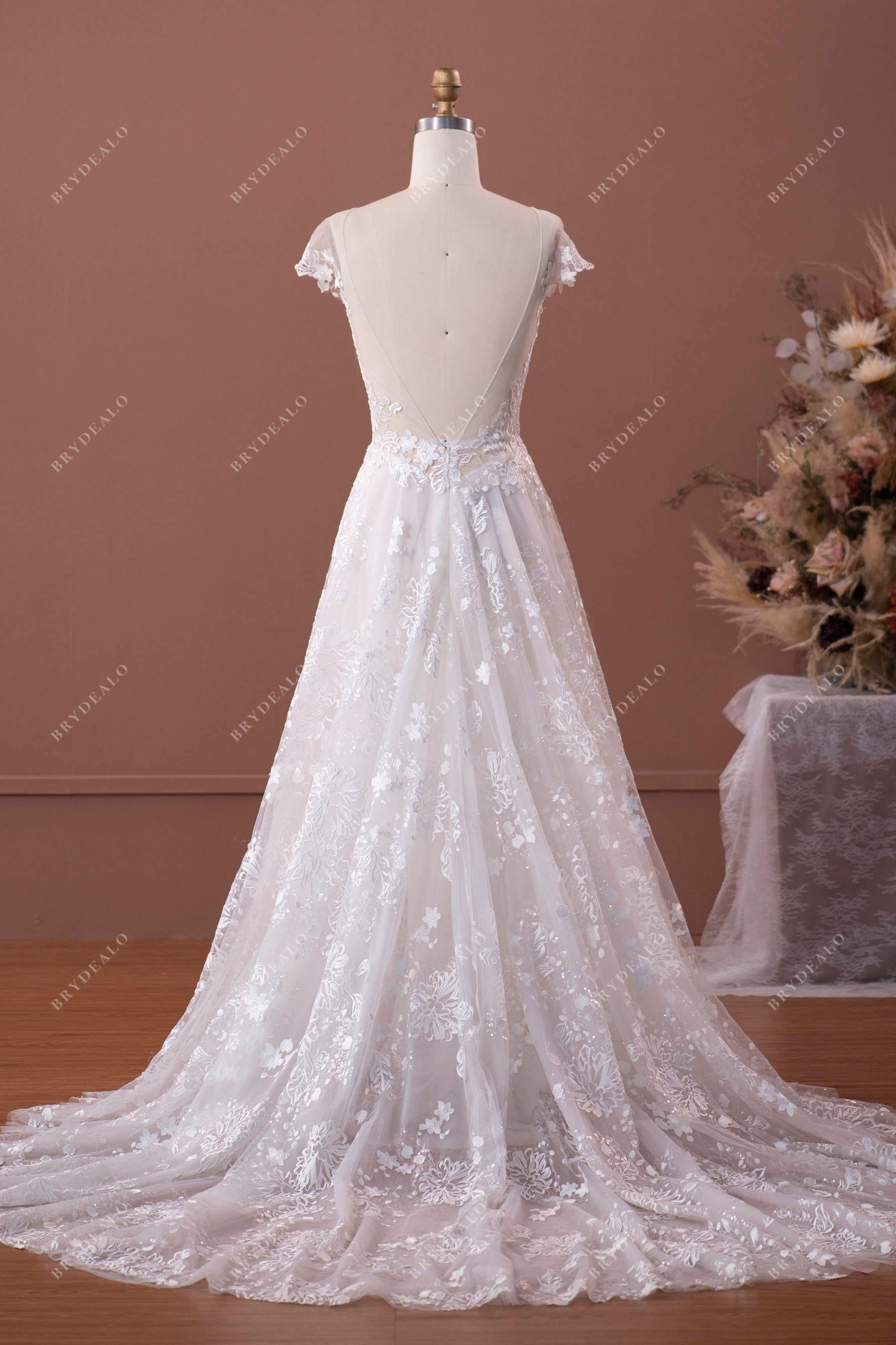 Flower Lace Open Back A-line Boho Bridal Gown