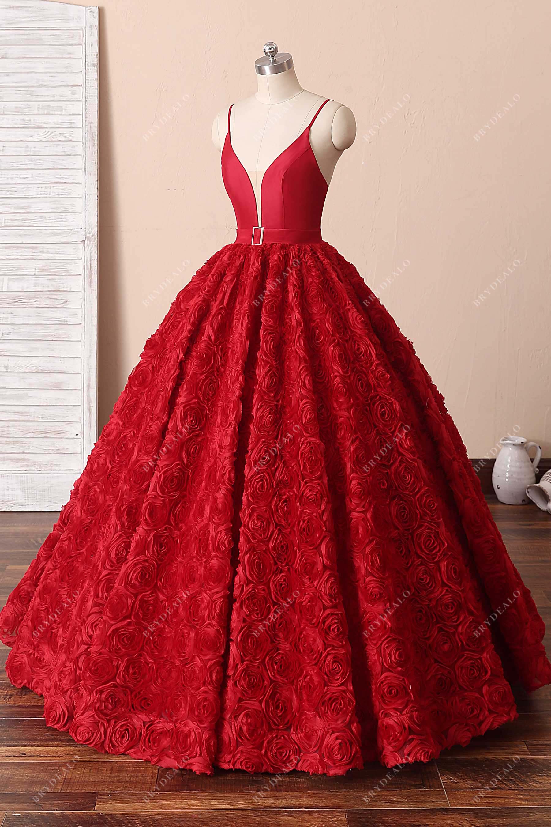 plunging satin corset 3D roses quinceanera gown