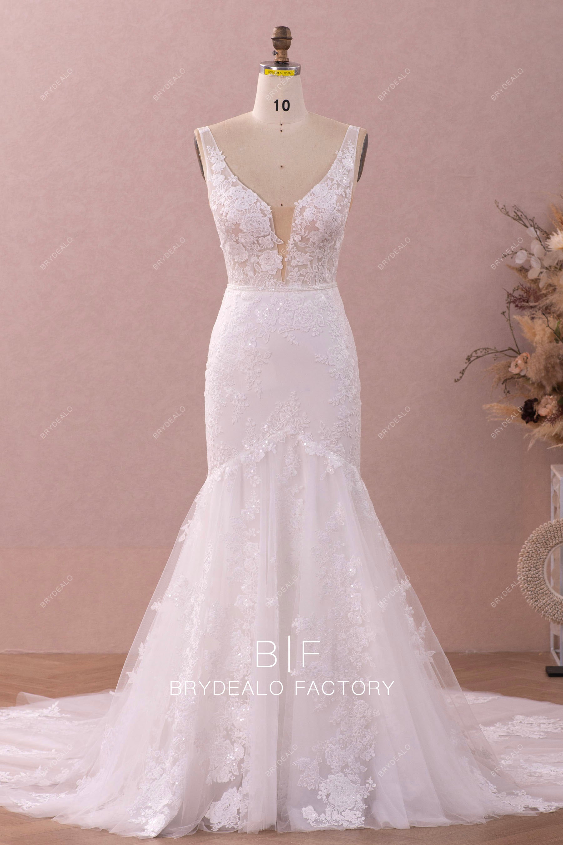 plunging shimmery lace mermaid wedding dress