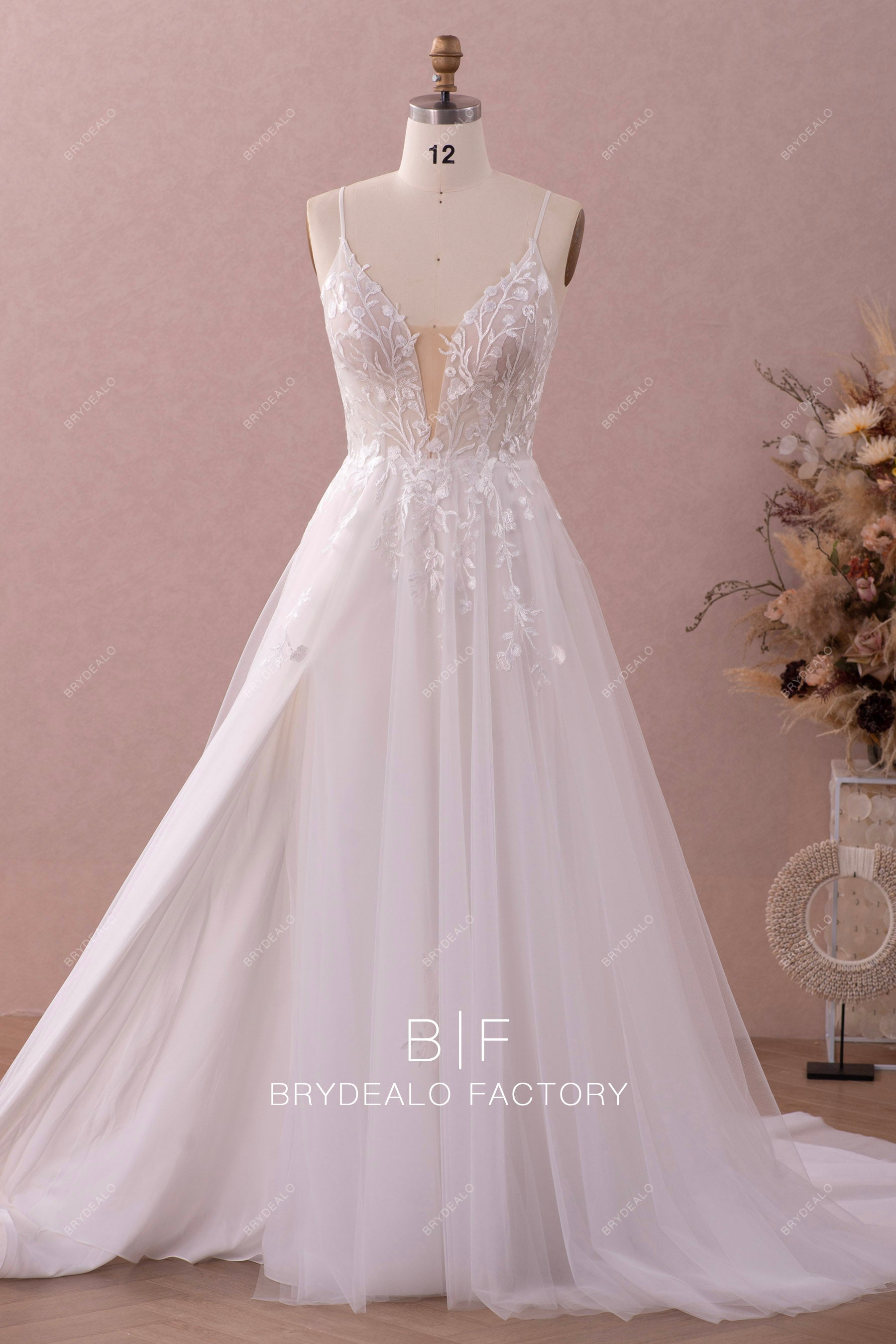 plunging slit lace tulle beach wedding dress