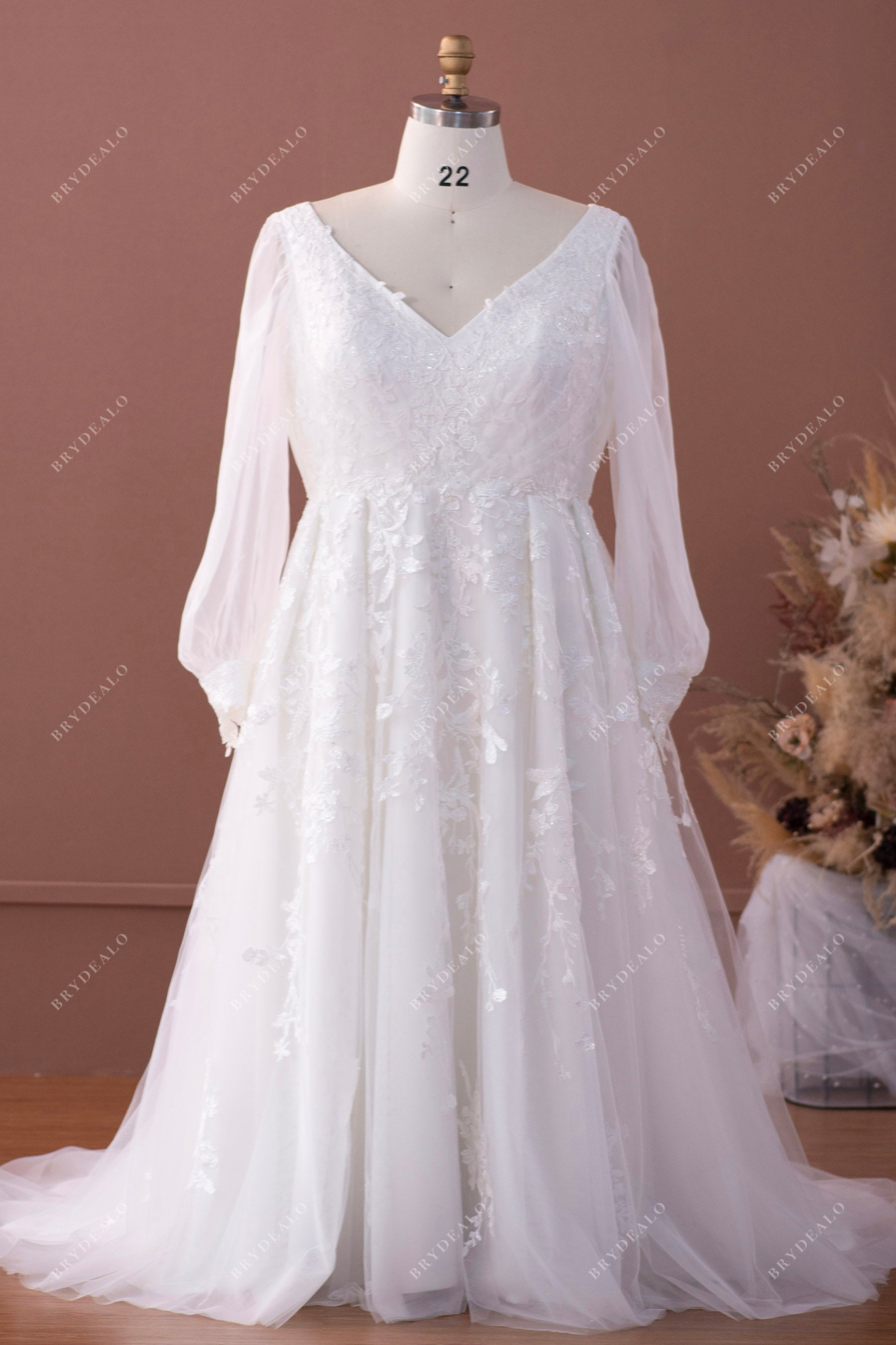 Plus Size Long Bubble Sleeve Lace A-line Wedding Dress