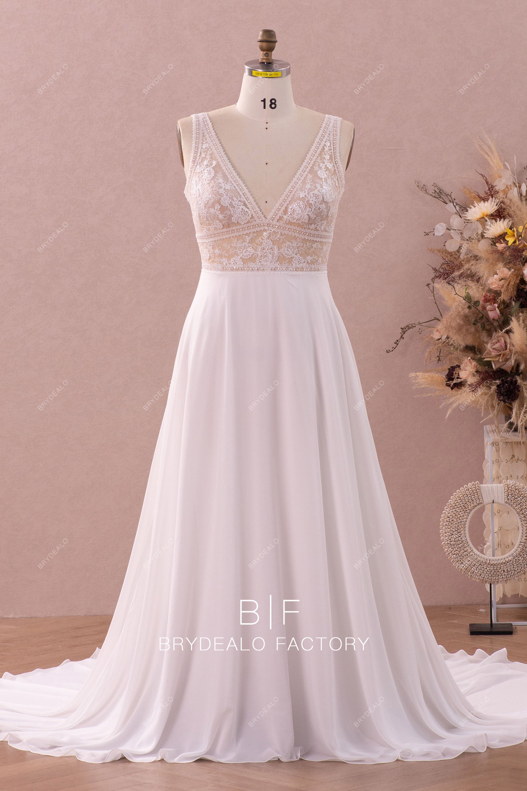 plus size flower lace chiffon boho wedding dress