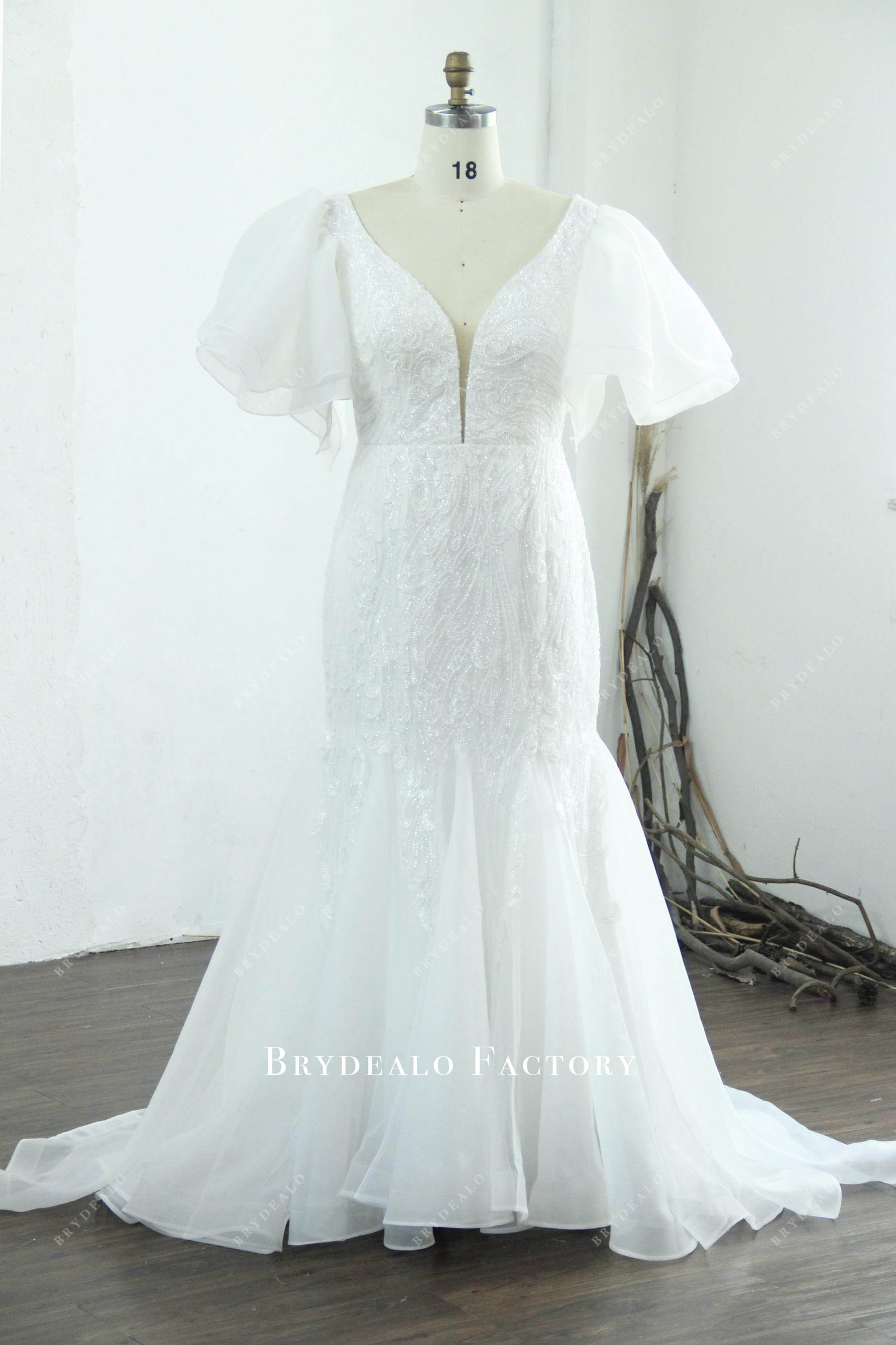 plus size flutter sleeves mermaid wedding dress