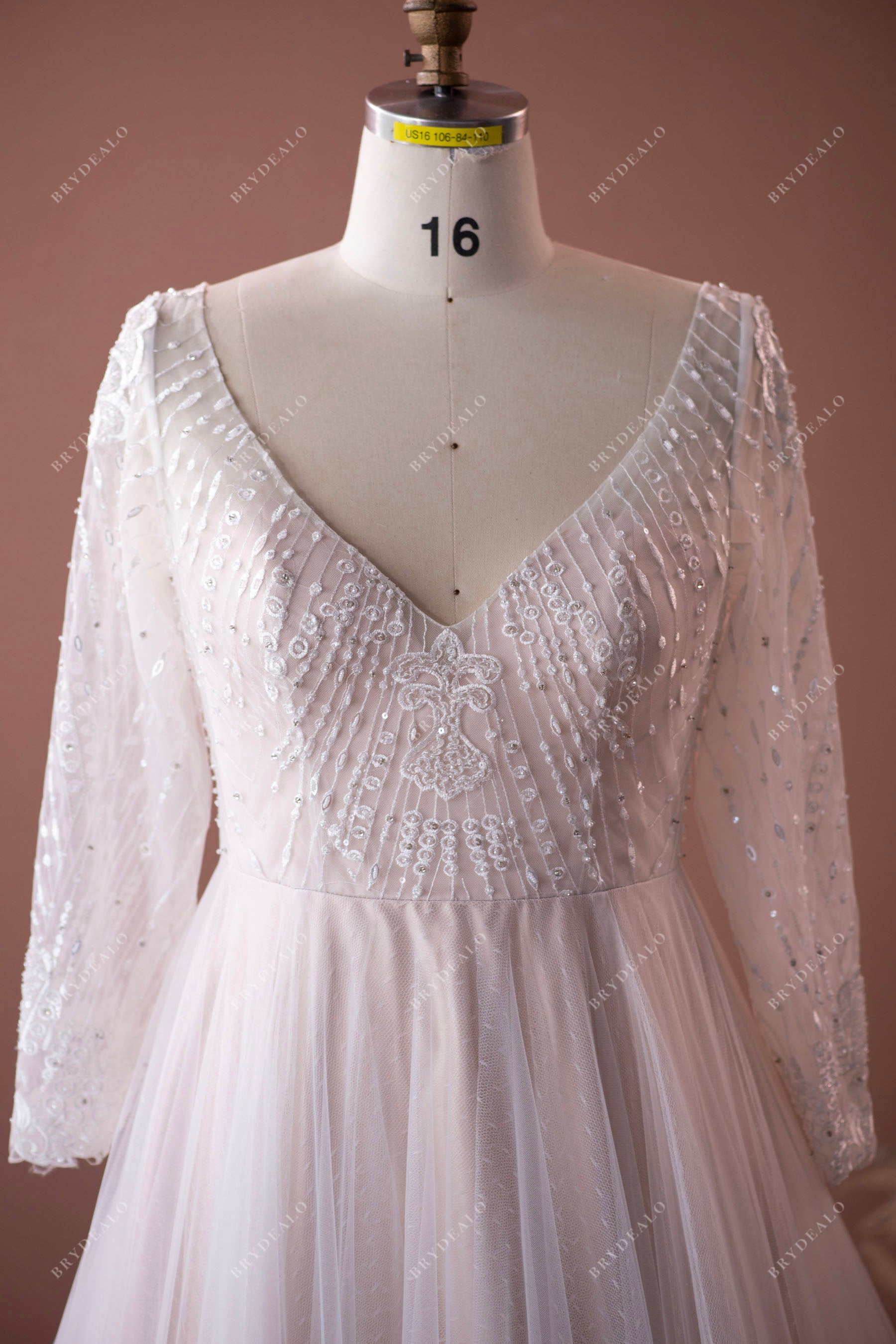 Plus Size Sleeved V-neck Lace Bridal Dress