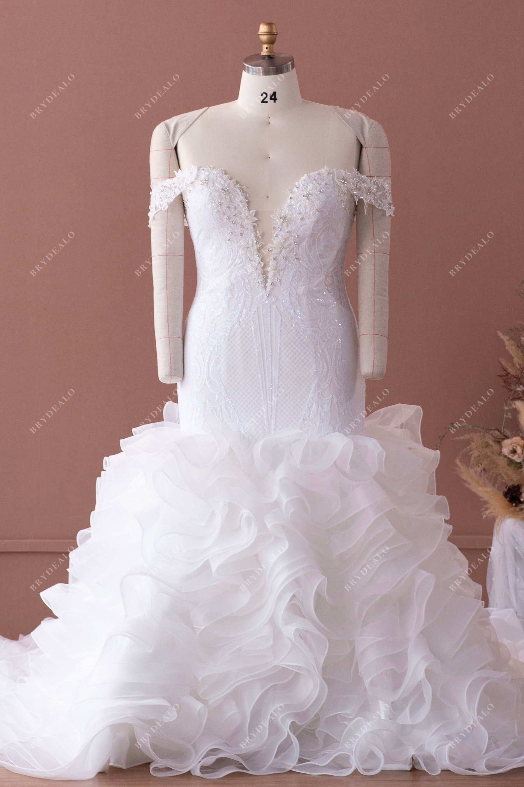 plus size off shoulder beaded lace ruffled wedding gown