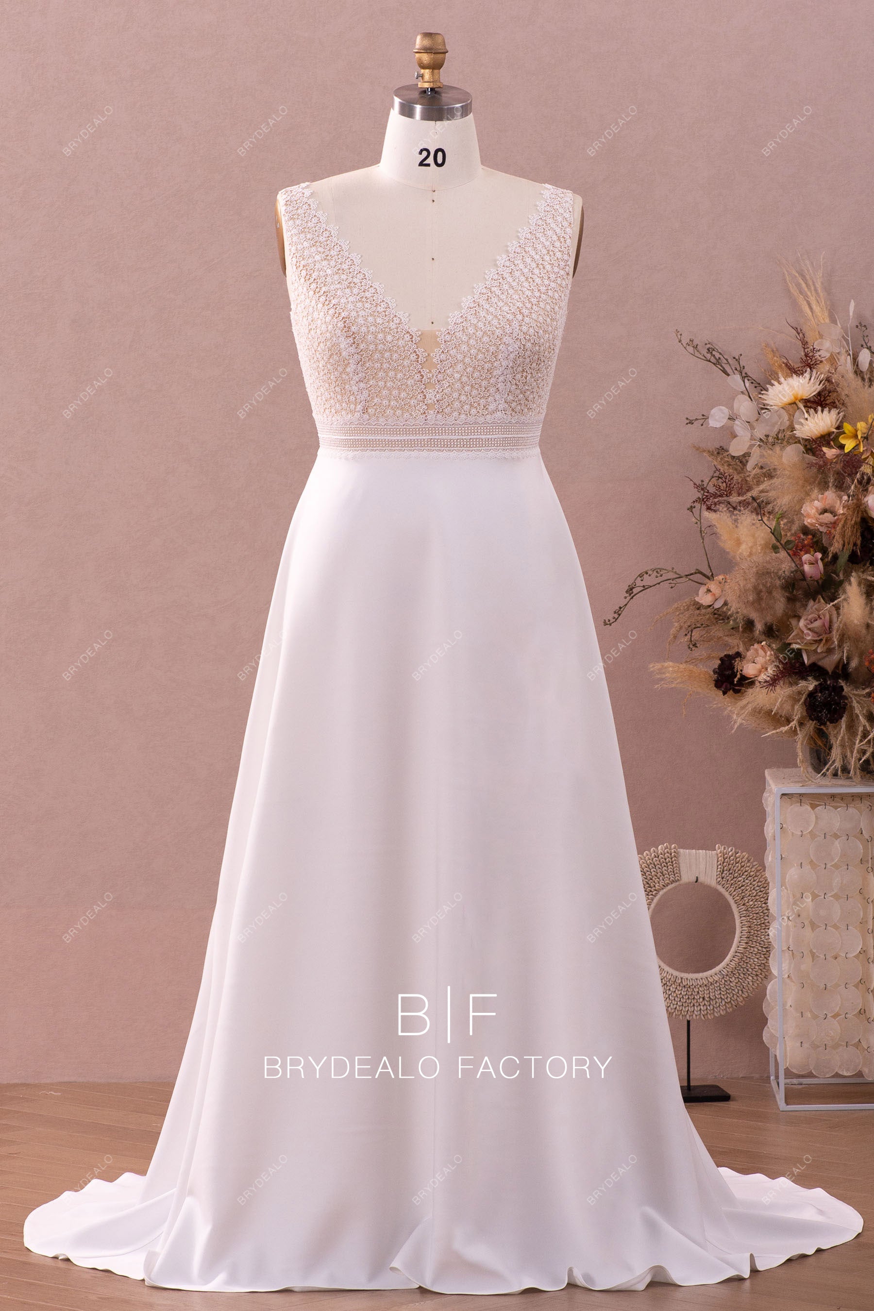 plus size plunging lace crepe wedding dress