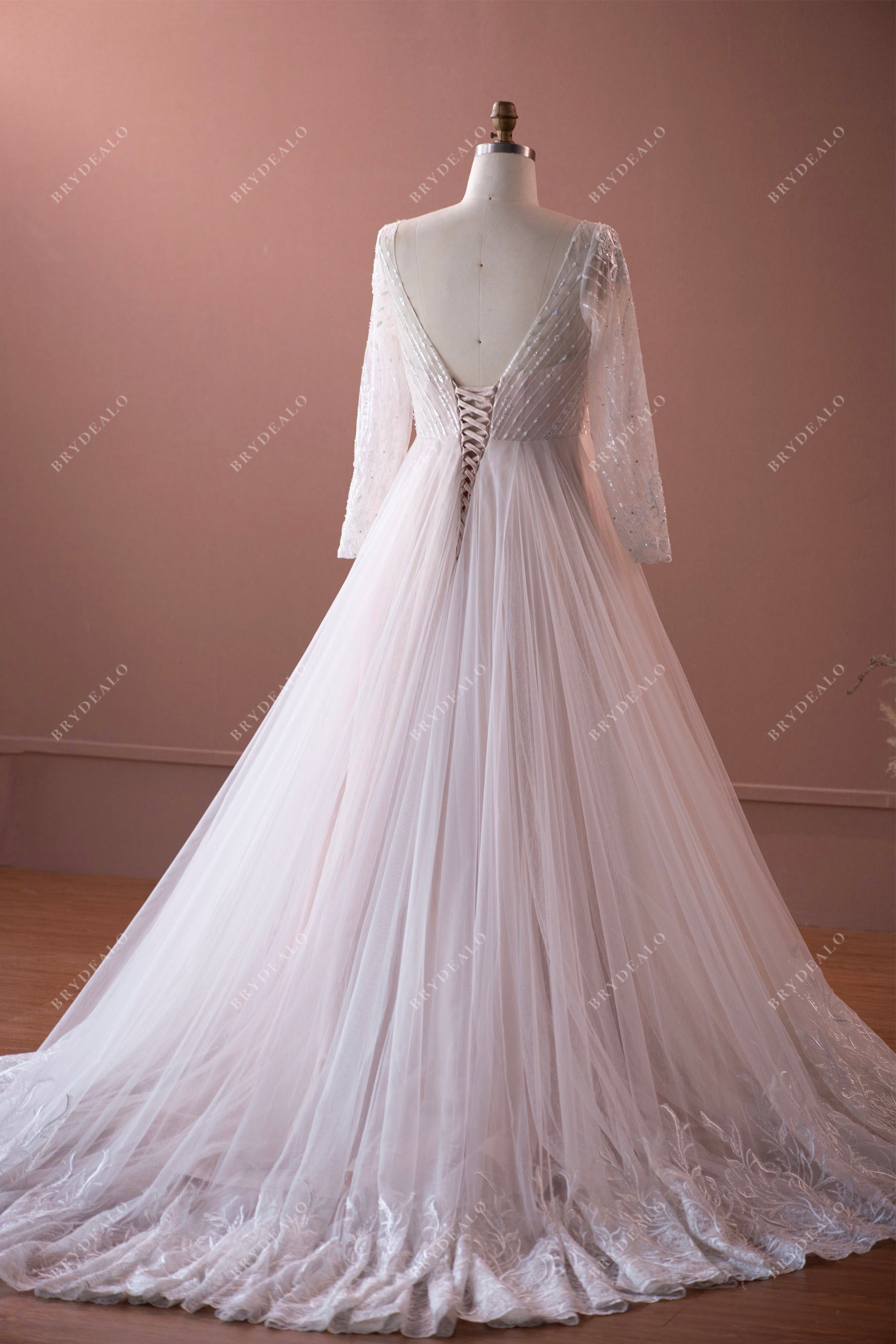 Sample Sale Plus Size Sleeved V-neck Long Lace Wedding Ballgown