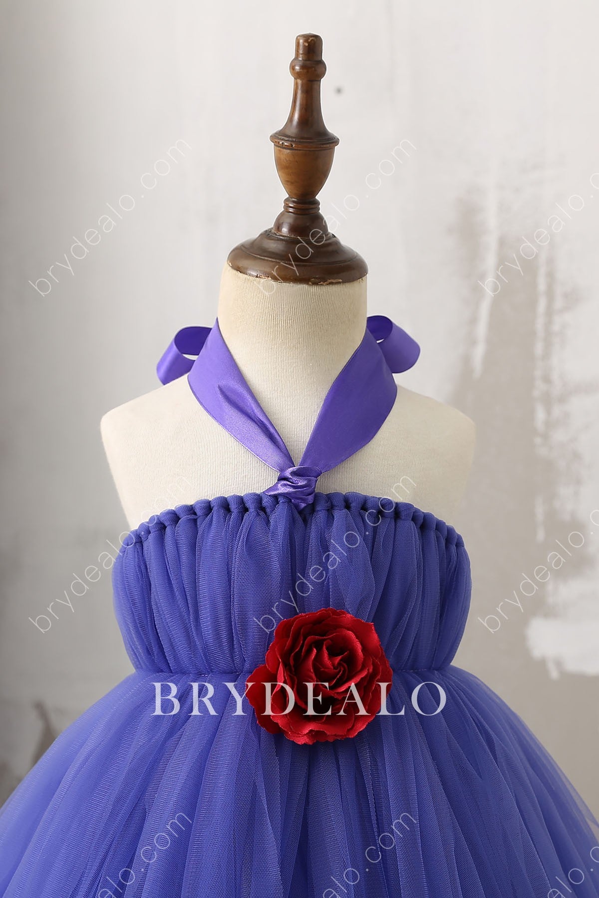 Ruby 3D Rose Royal Blue Halter Flower Girl Ball Gown