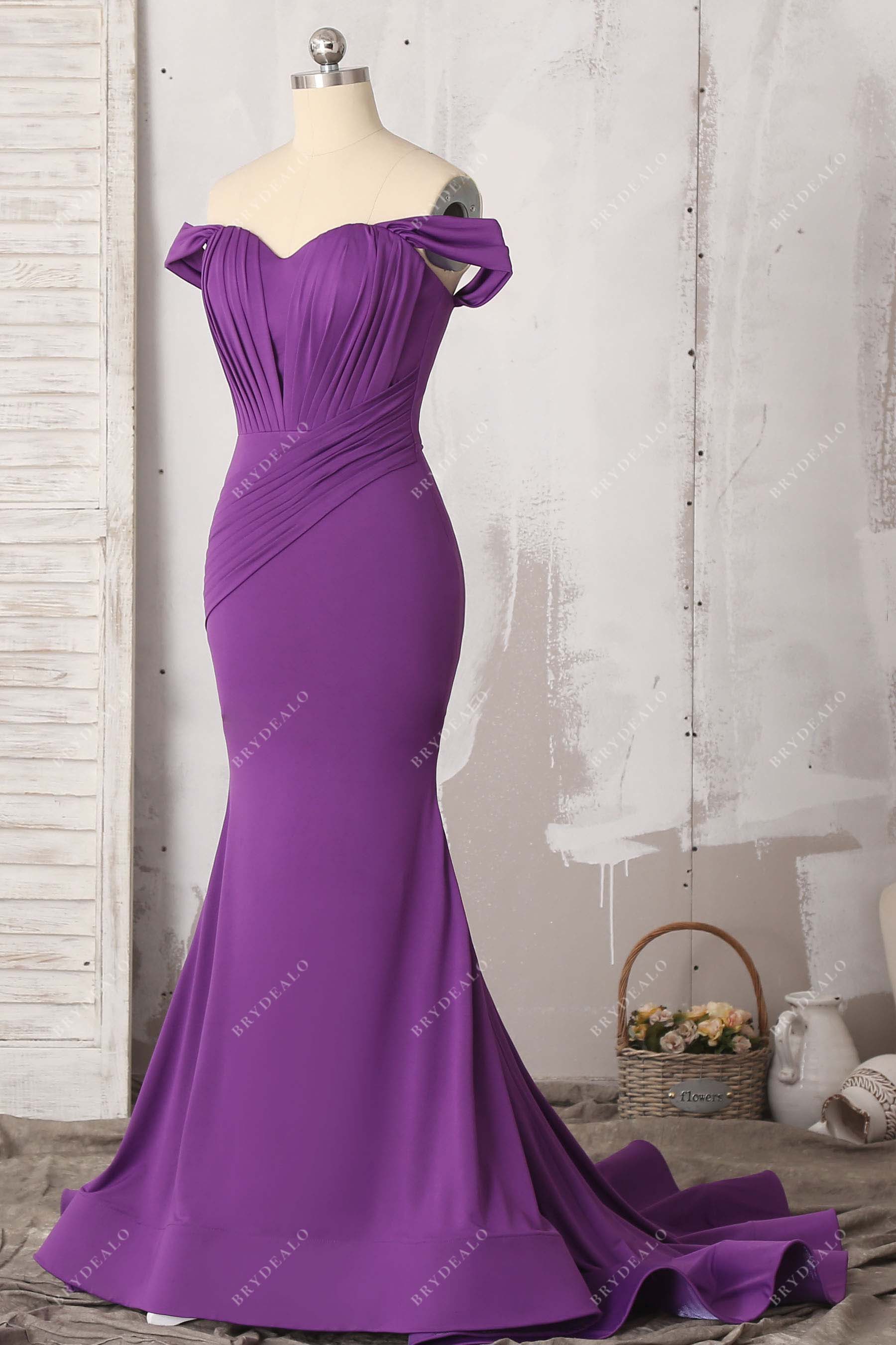 purple knit mermaid ruched prom gown