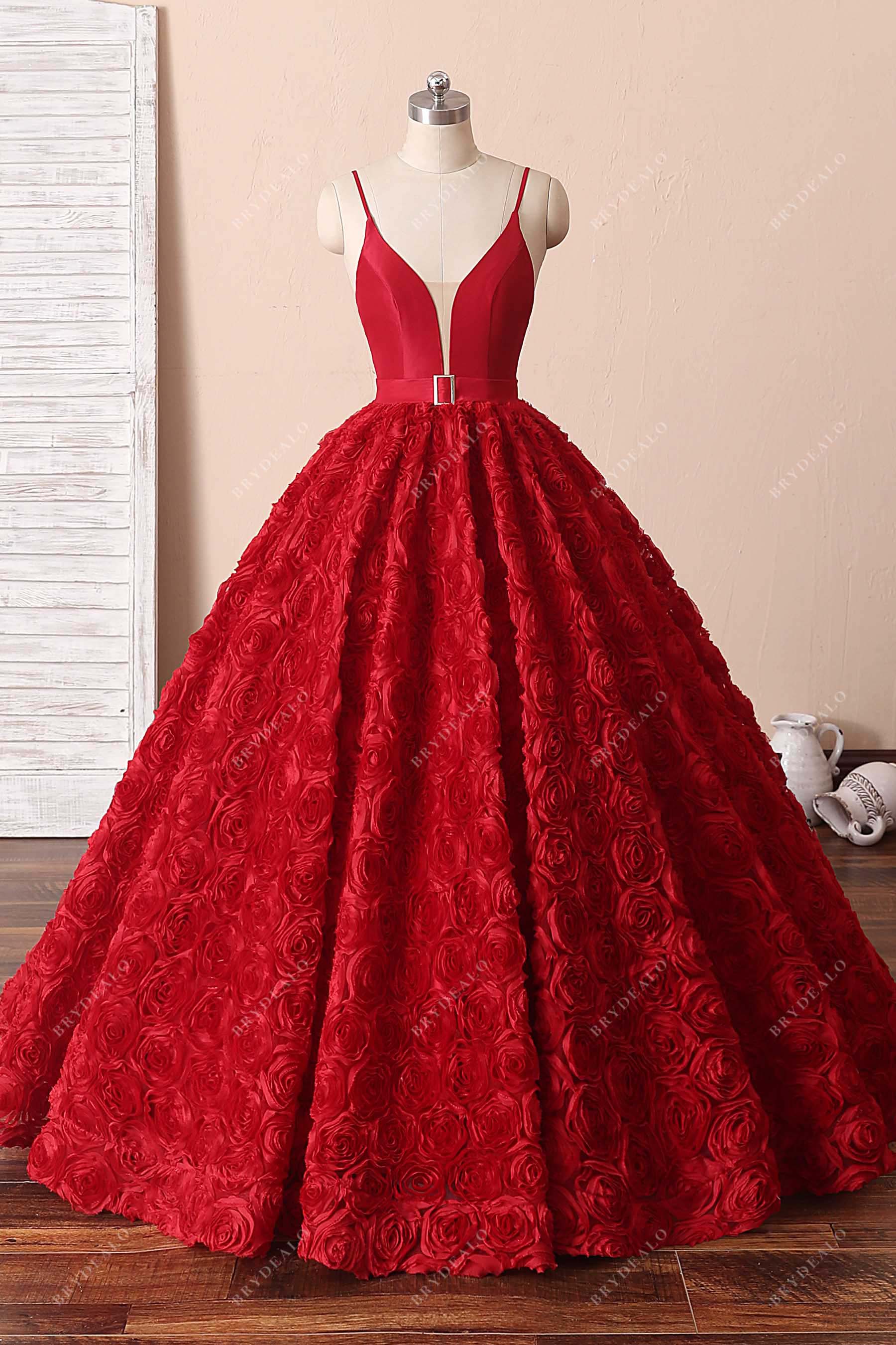 red 3D roses ball gown plunging neck prom gown