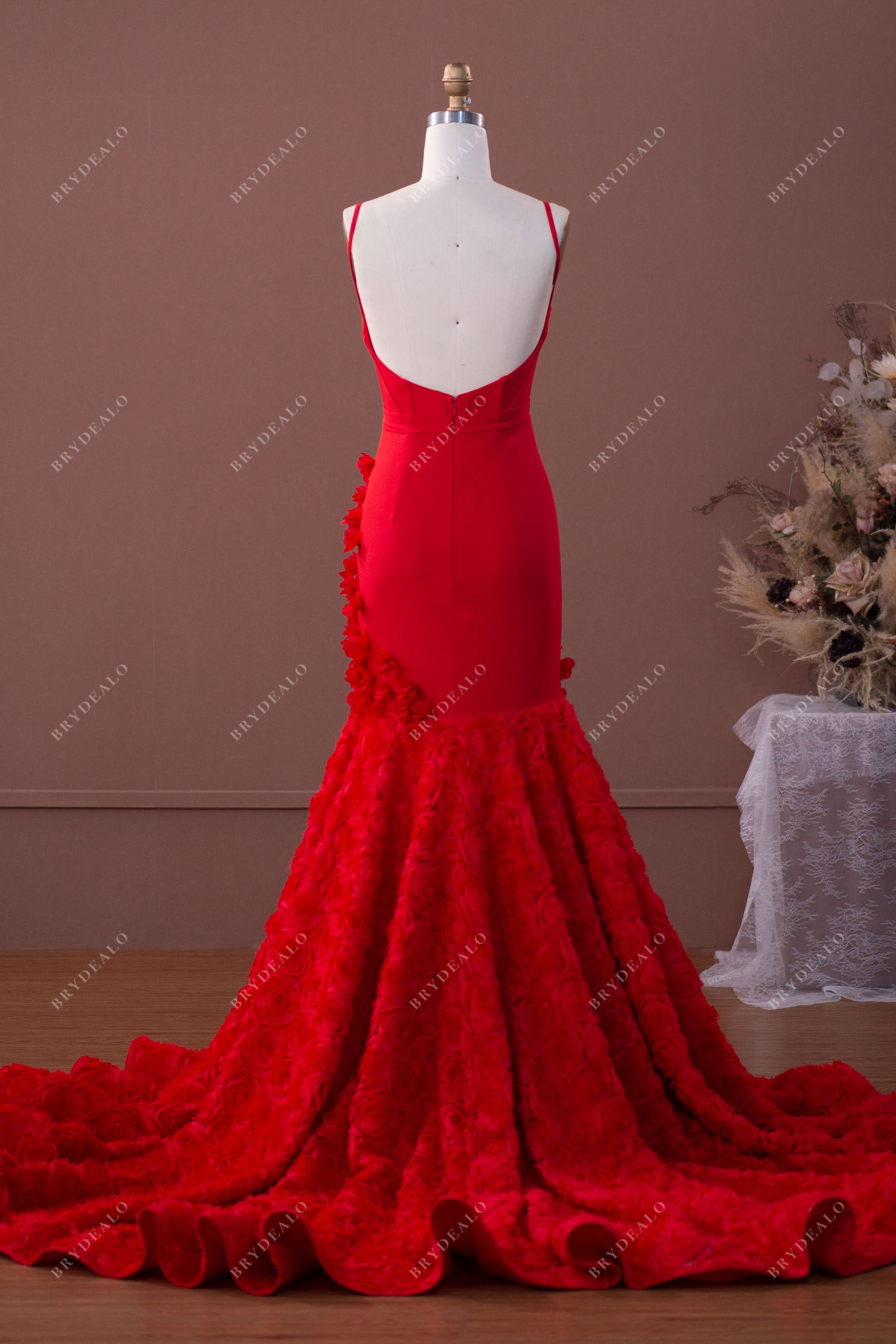 Red Crepe 3D Rose Open Back Mermaid Prom Dress