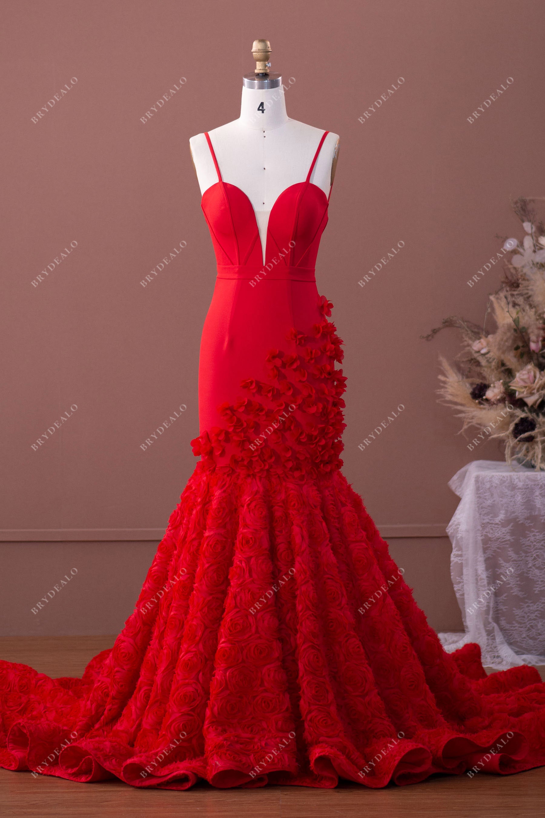 Red Crepe 3D Rose Straps Mermaid Prom Dress