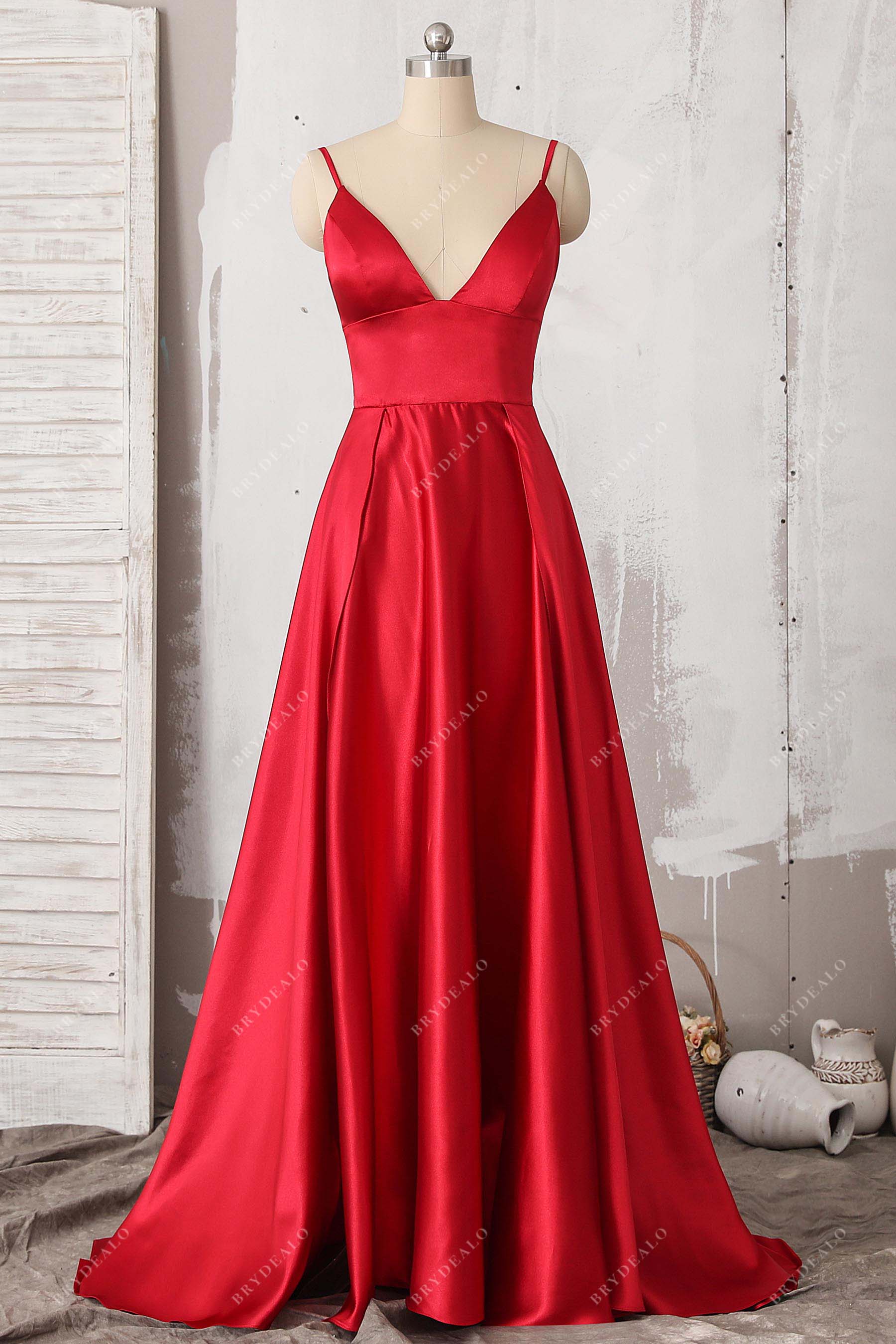 red glossy V-neck dress