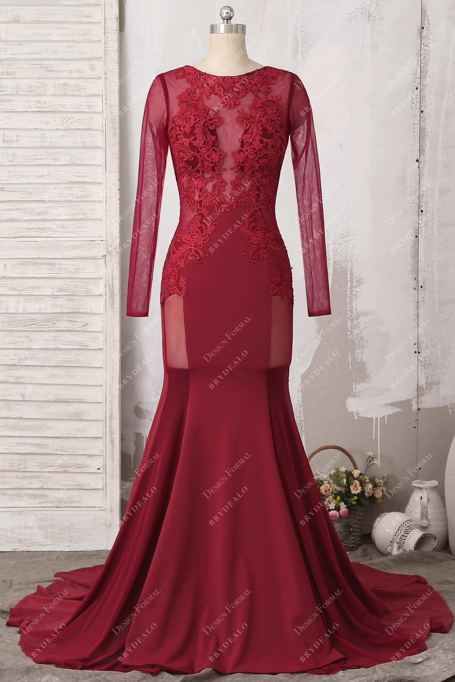 red jersey lace prom dress