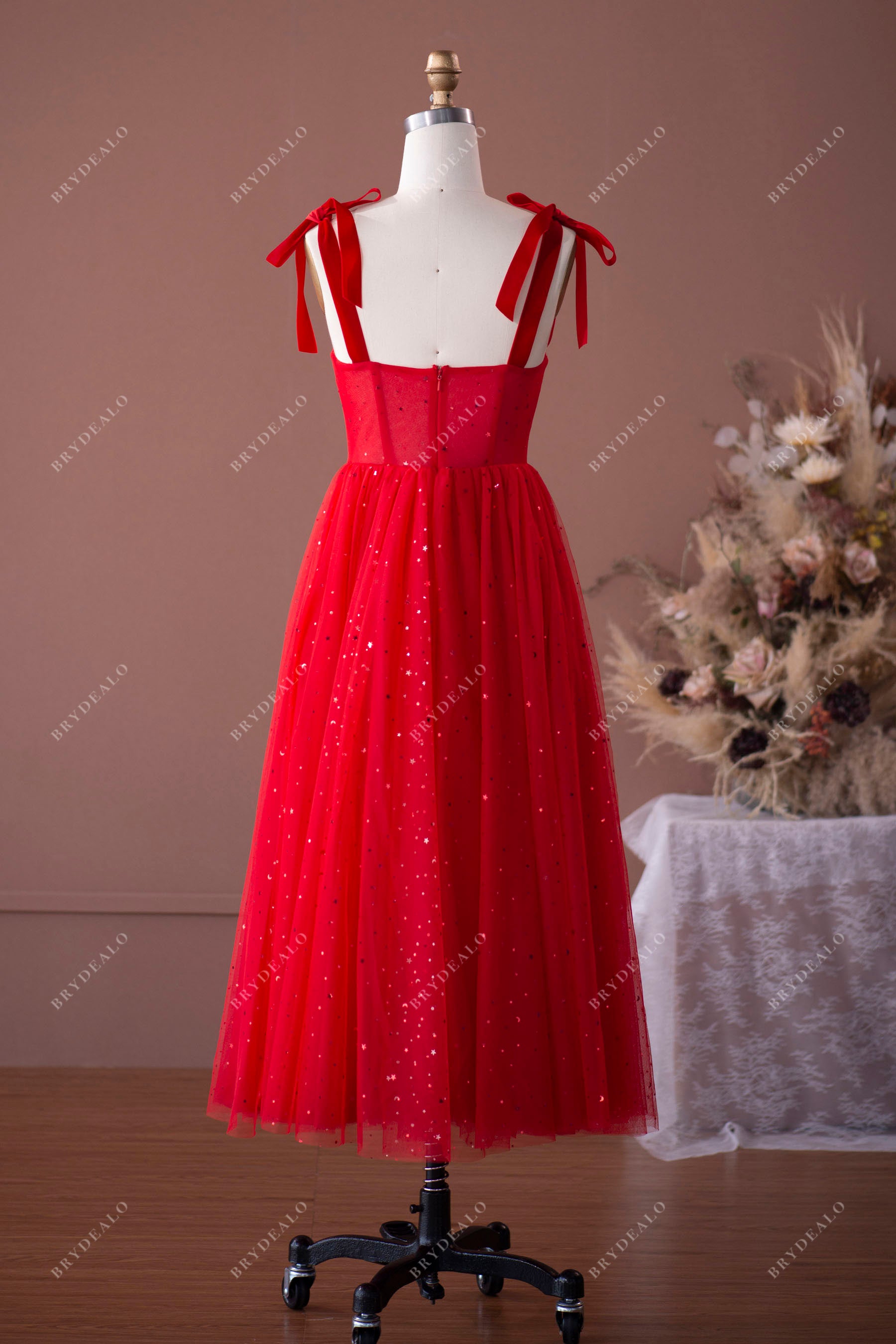red little star tea length prom formal gown