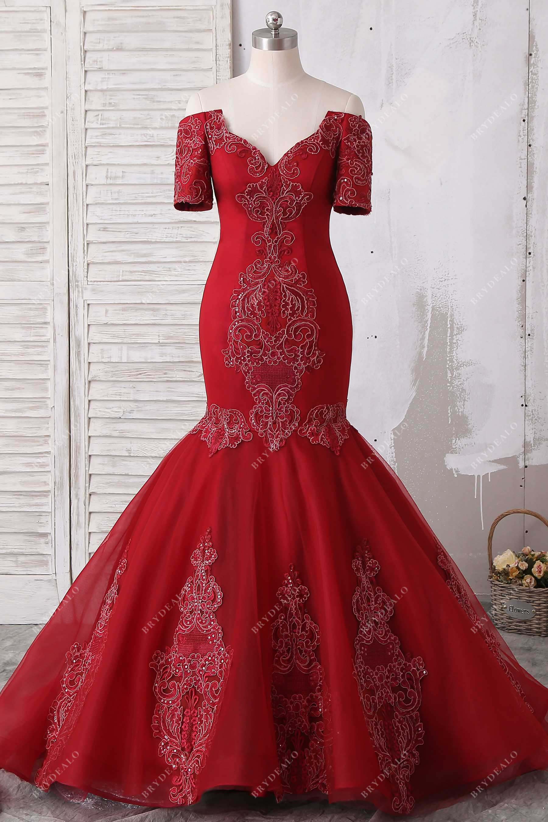 red off-shoulder lace tulle trumpet prom gown
