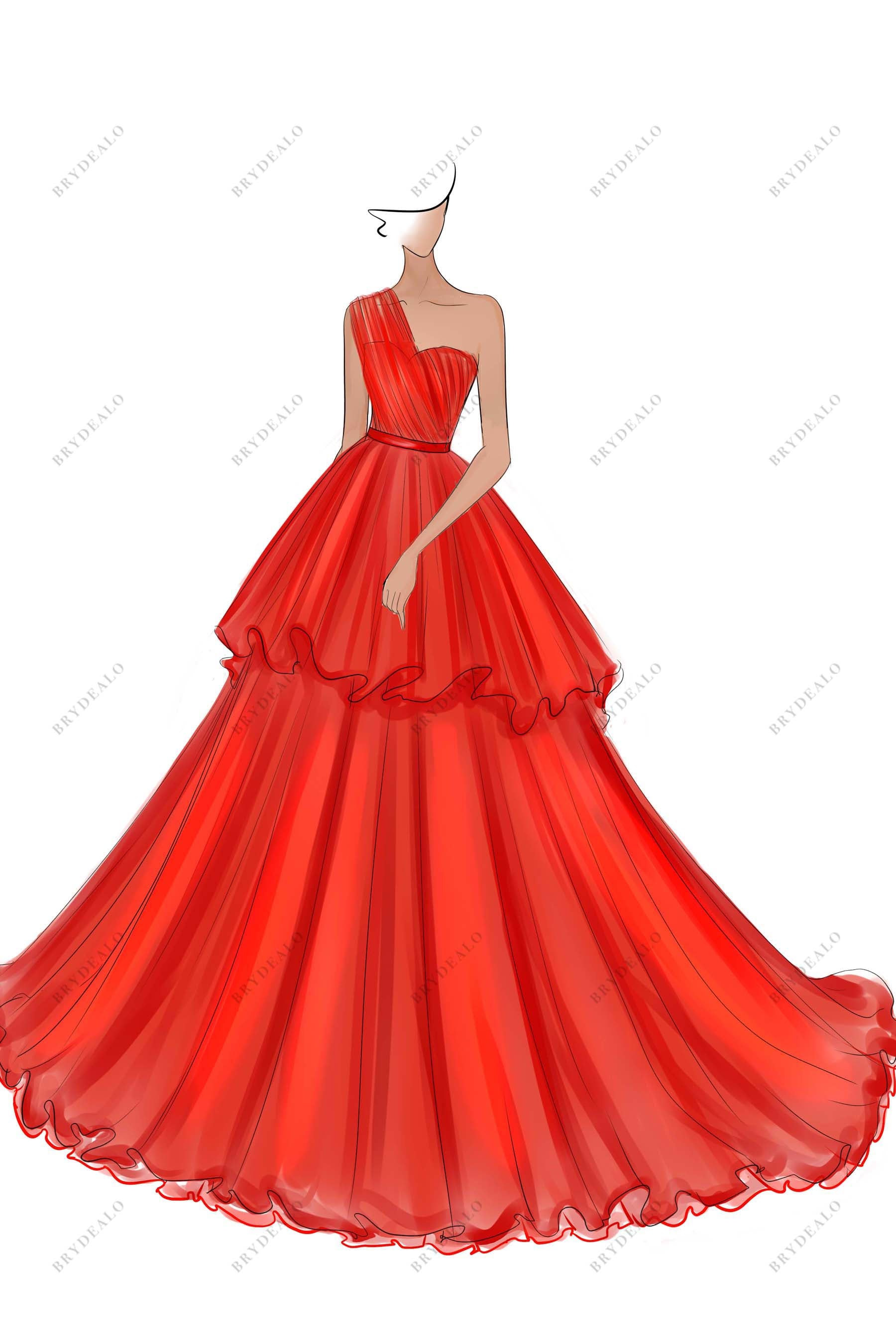 red organza one shoulder prom ball gown sketch