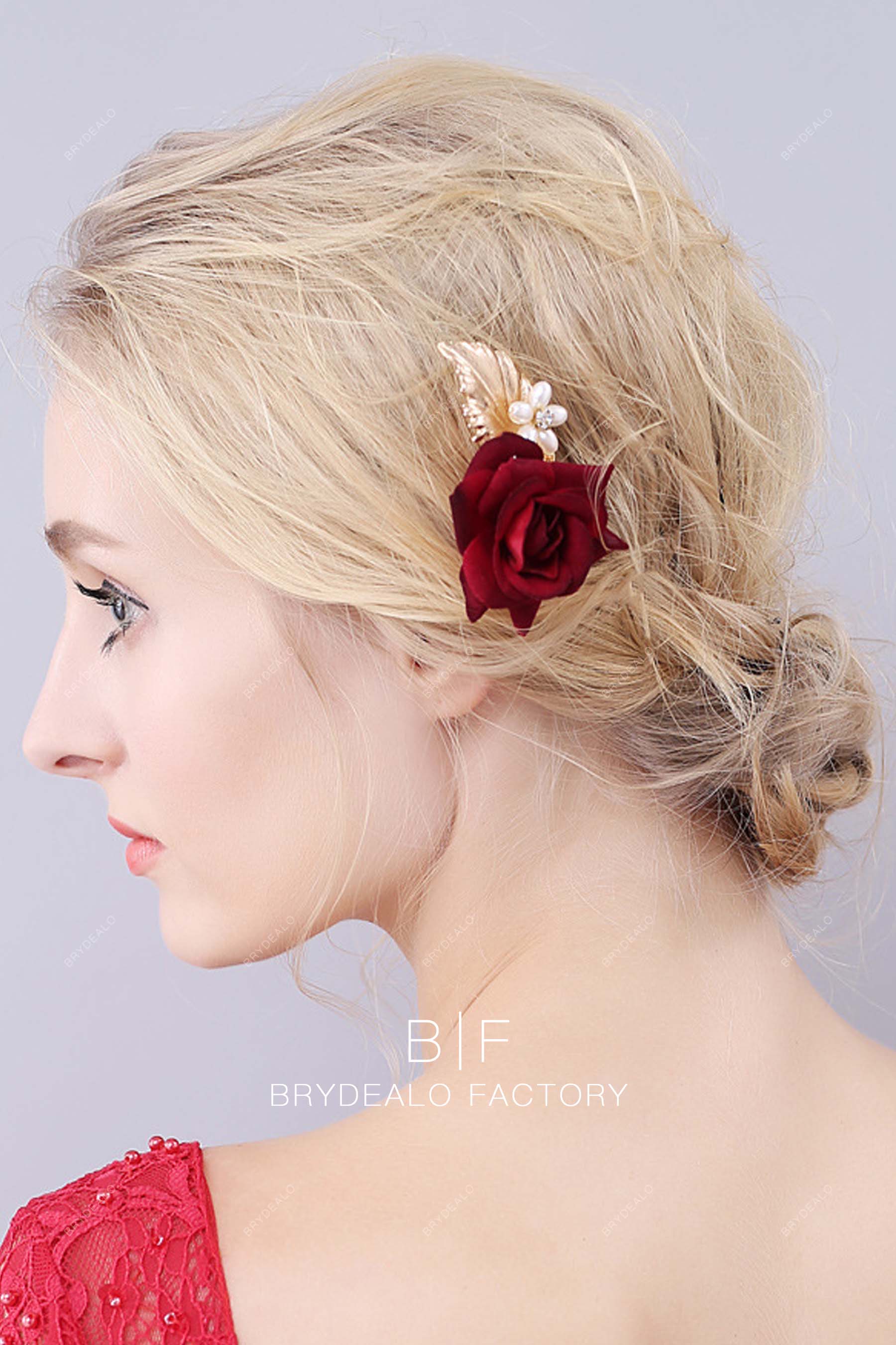Red Rose Hair Pin Pearls Leaf Bridal Headpiece