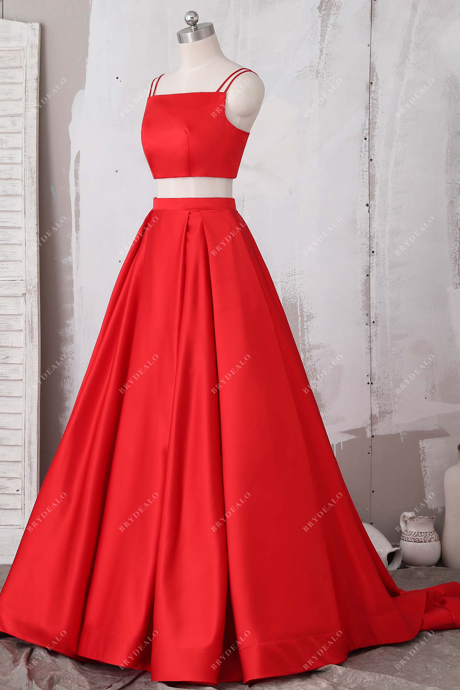red satin double straps prom gown