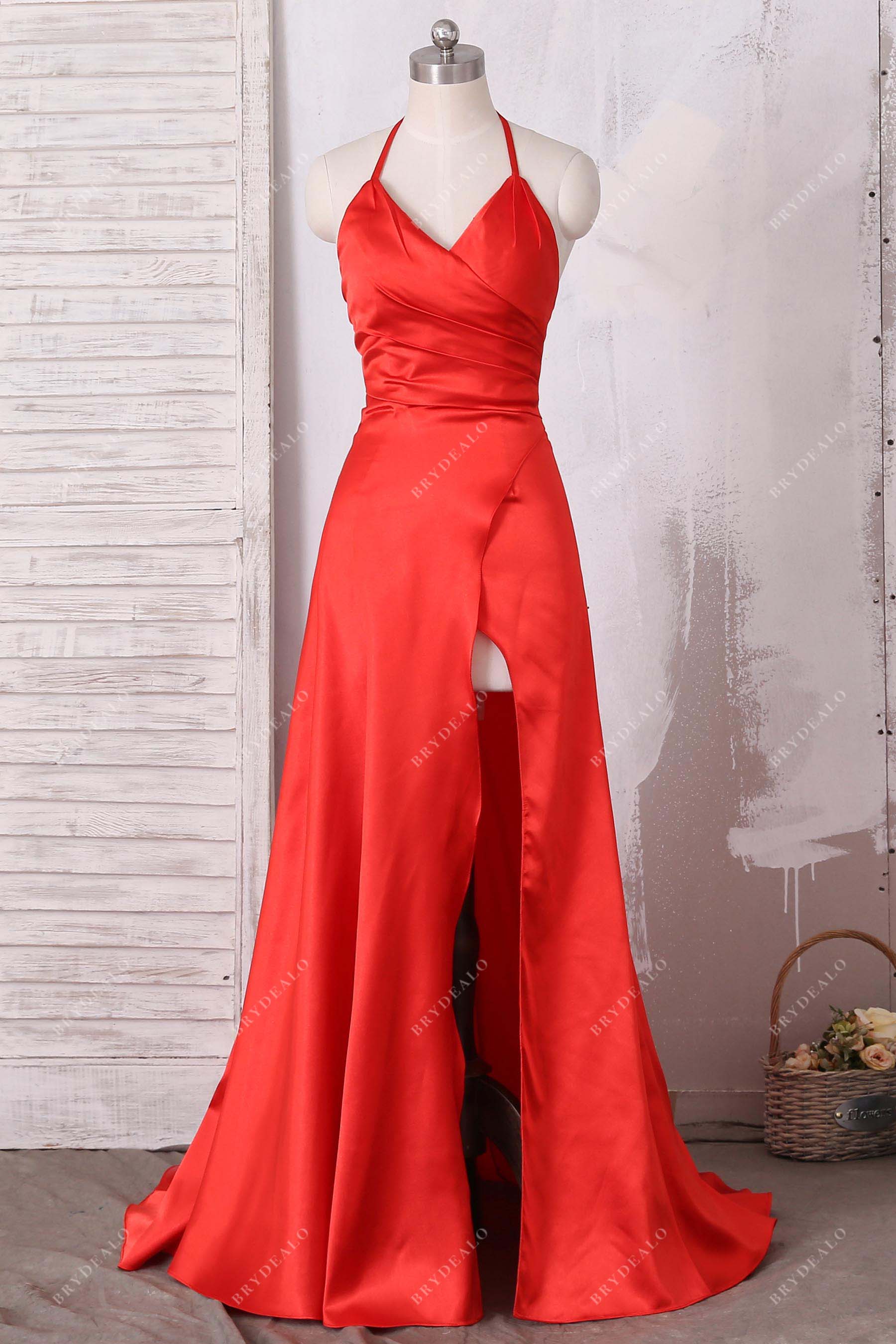 red satin halter neck slit prom gown