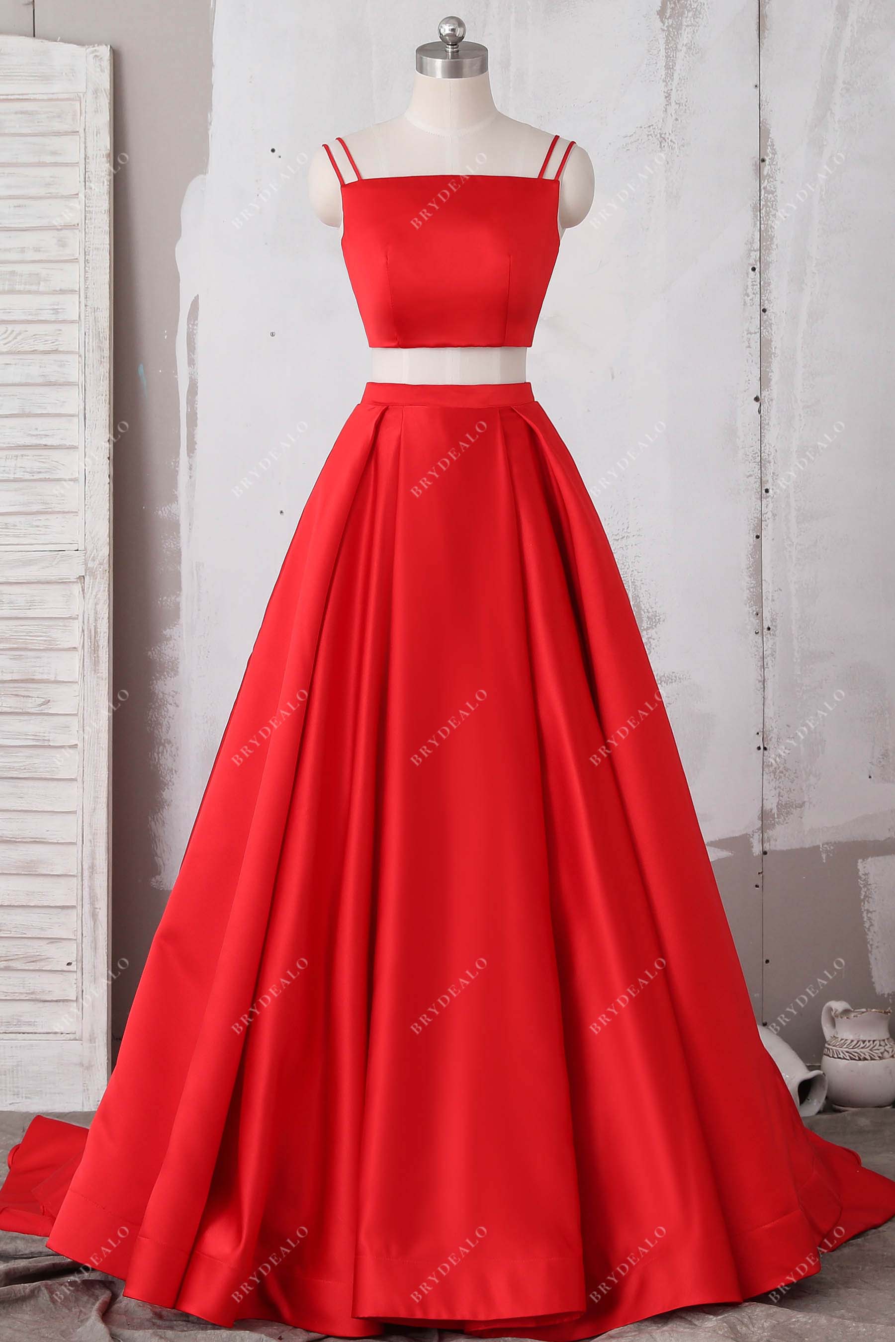 red satin two-piece A-line prom dress